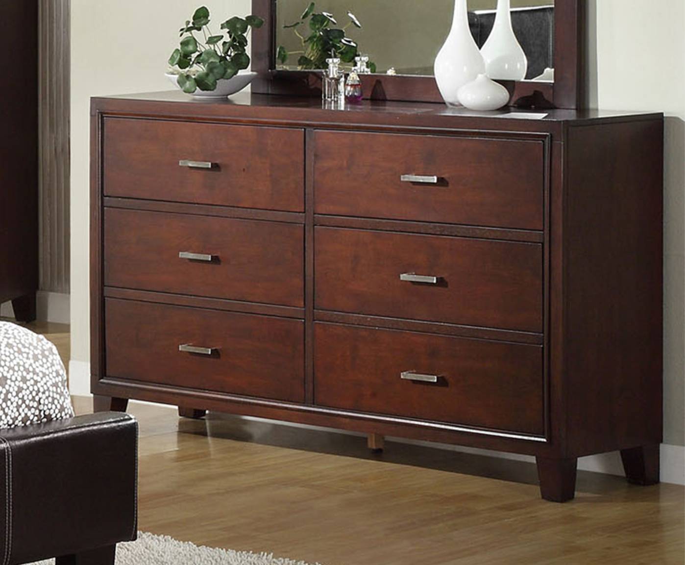Hage Contemporary 6-Drawer Dresser in Brown Cherry