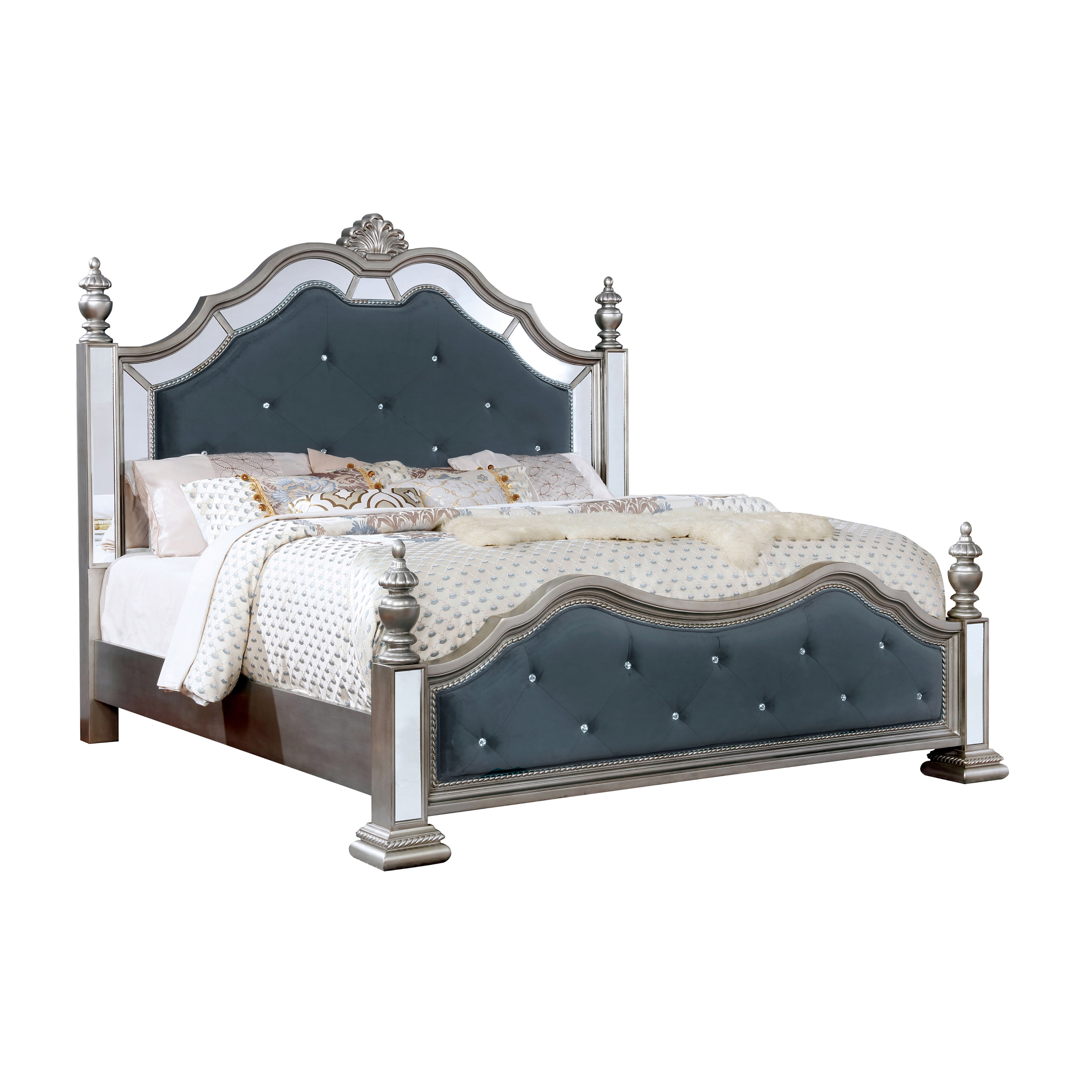 Vabelle Traditional Padded Mirrored Bed in Silver