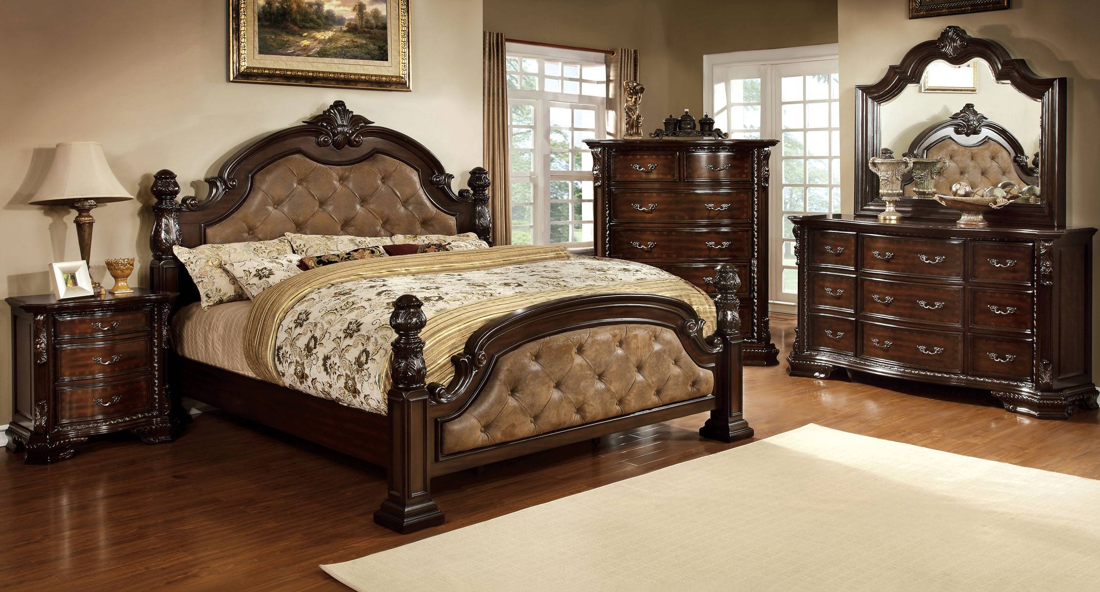 Soldina Traditional Upholstered Tufted Poster Bed in Dark Brown