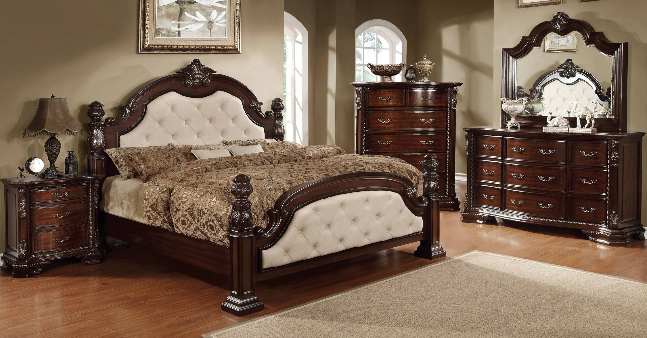 Soldina Traditional Upholstered Tufted Poster Bed in Ivory