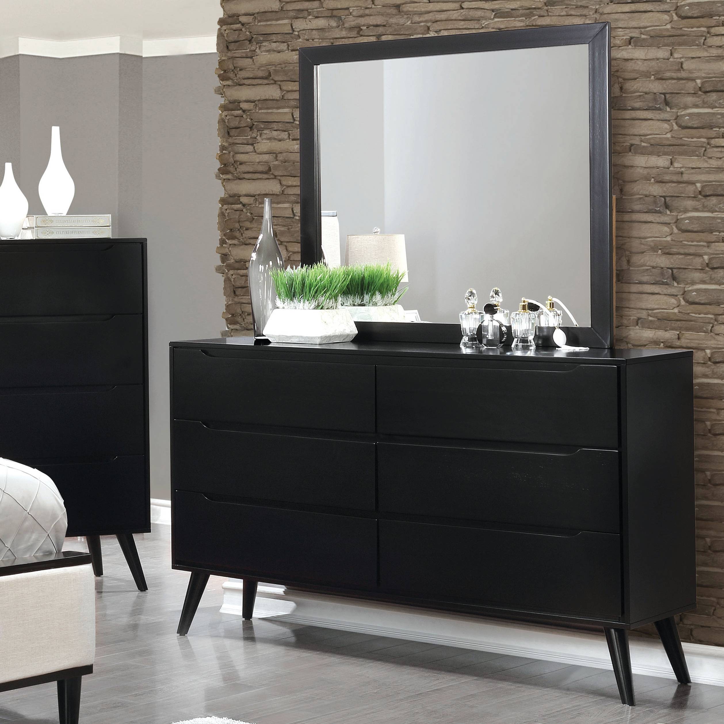 Bella Mid-Century Modern 6-Drawer Dresser with Mirror in Black