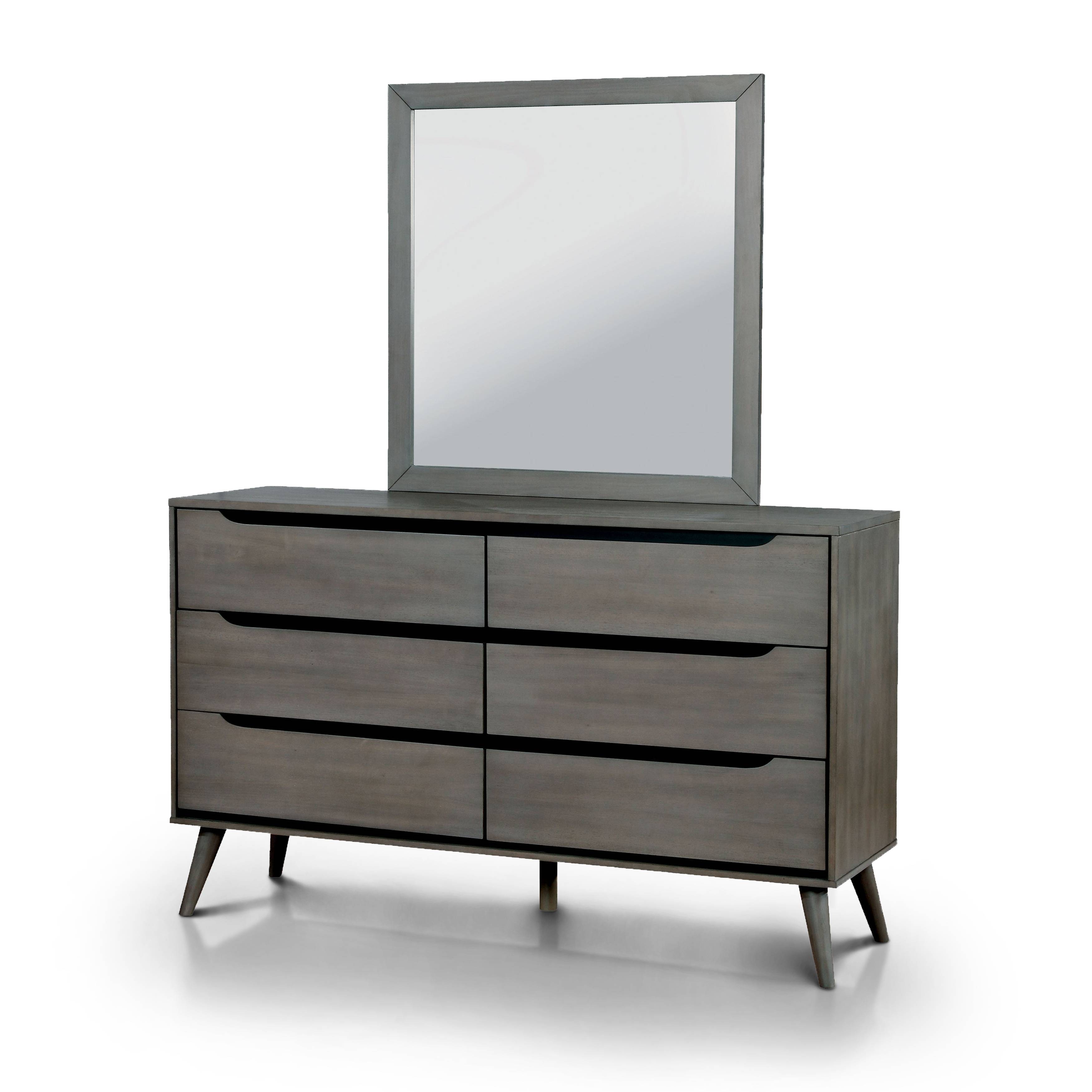 Bella Mid-Century Modern 6-Drawer Dresser with Mirror in Gray