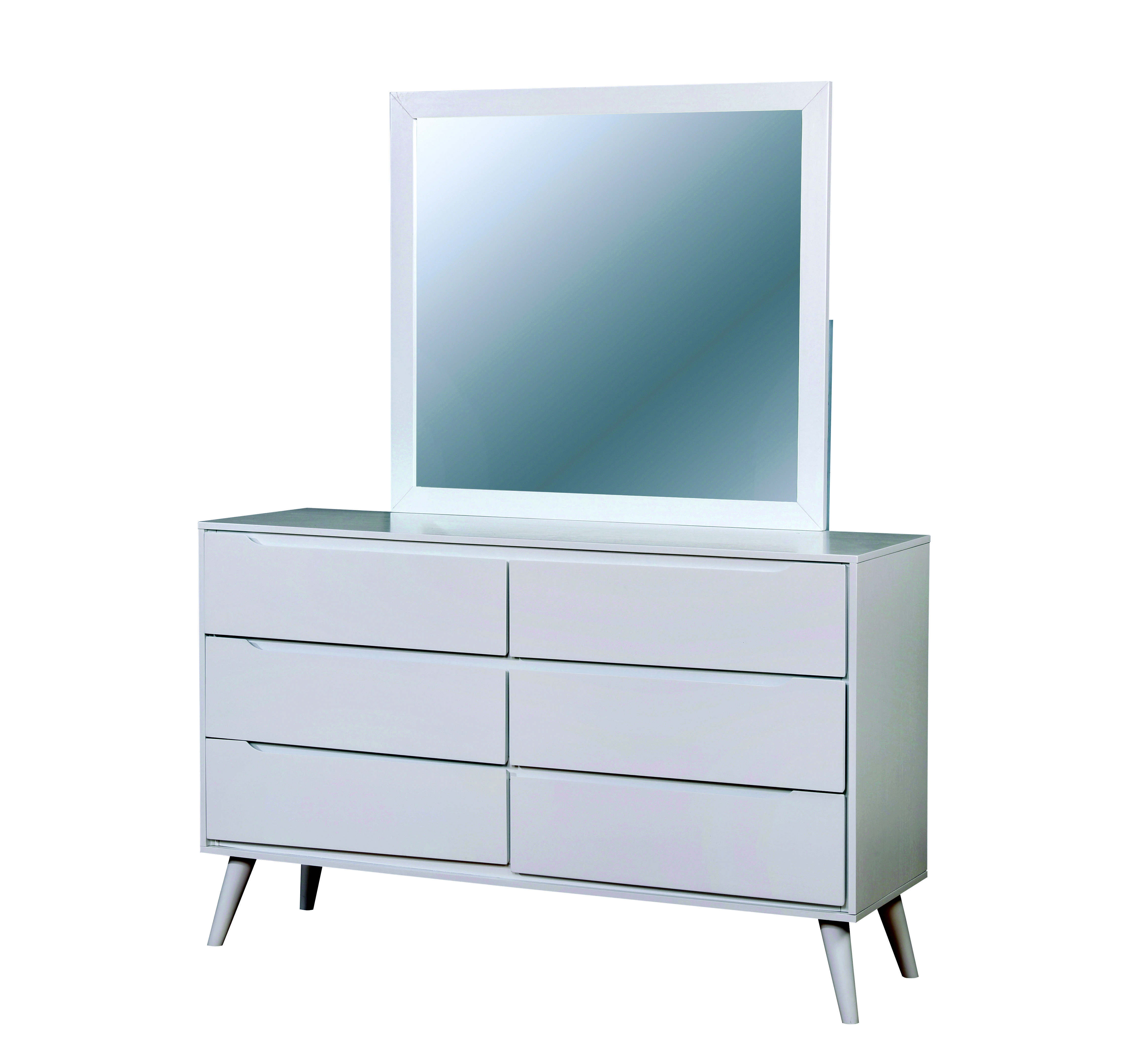 Bella Mid-Century Modern 6-Drawer Dresser with Mirror in White