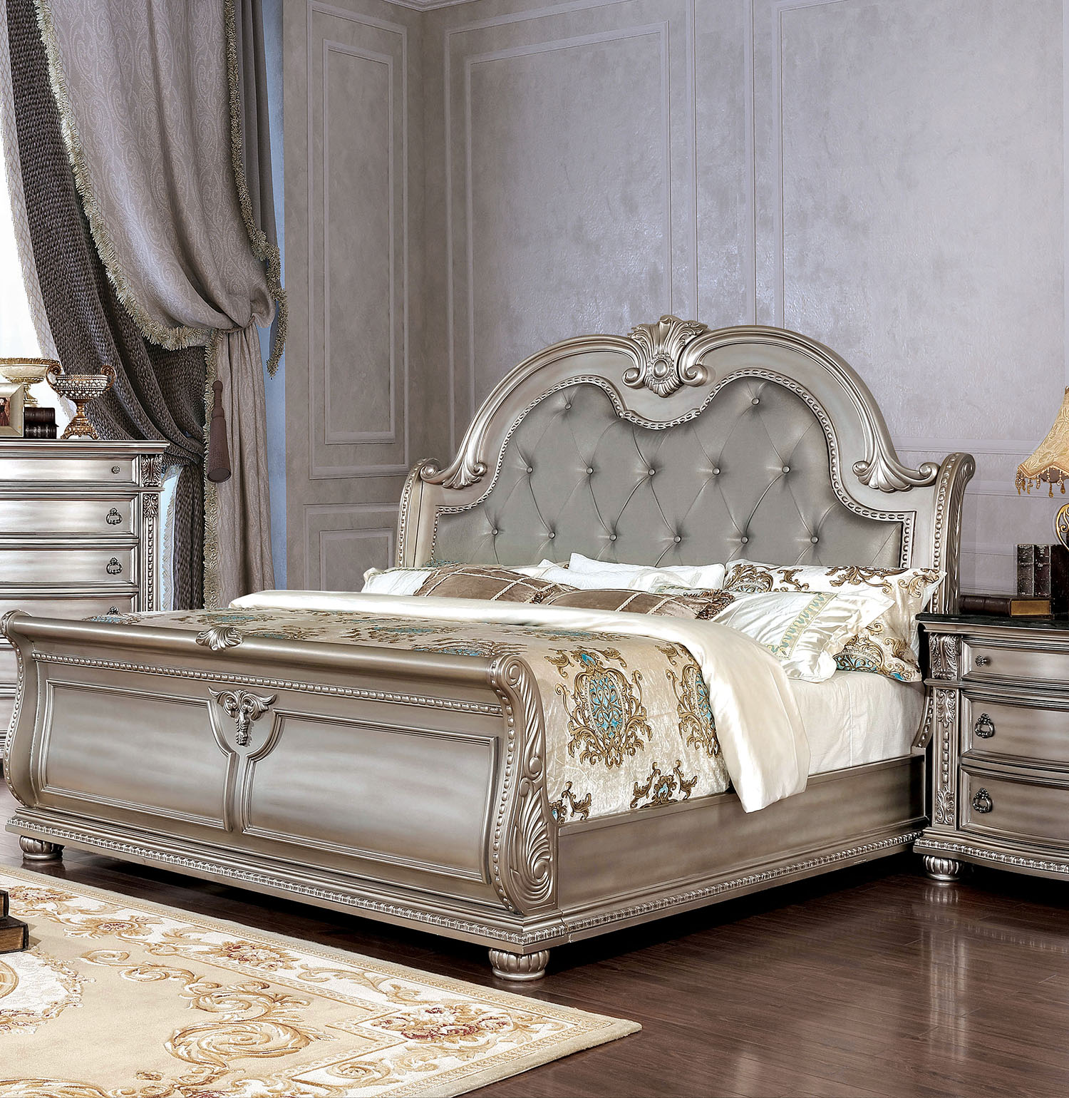 Karlia Traditional Tufted Sleigh Bed in Champagne