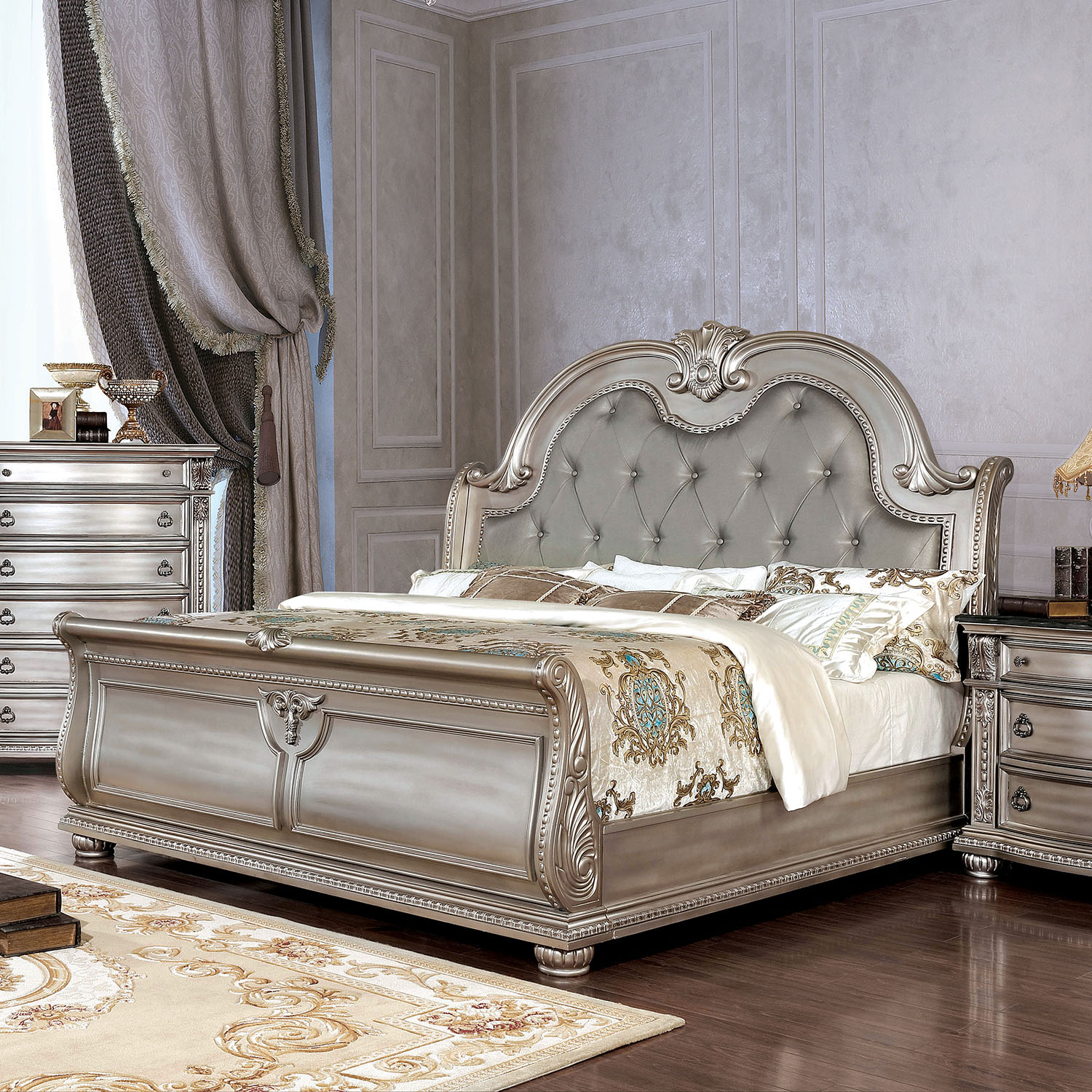 Karlia Traditional Tufted Sleigh Bed in Champagne