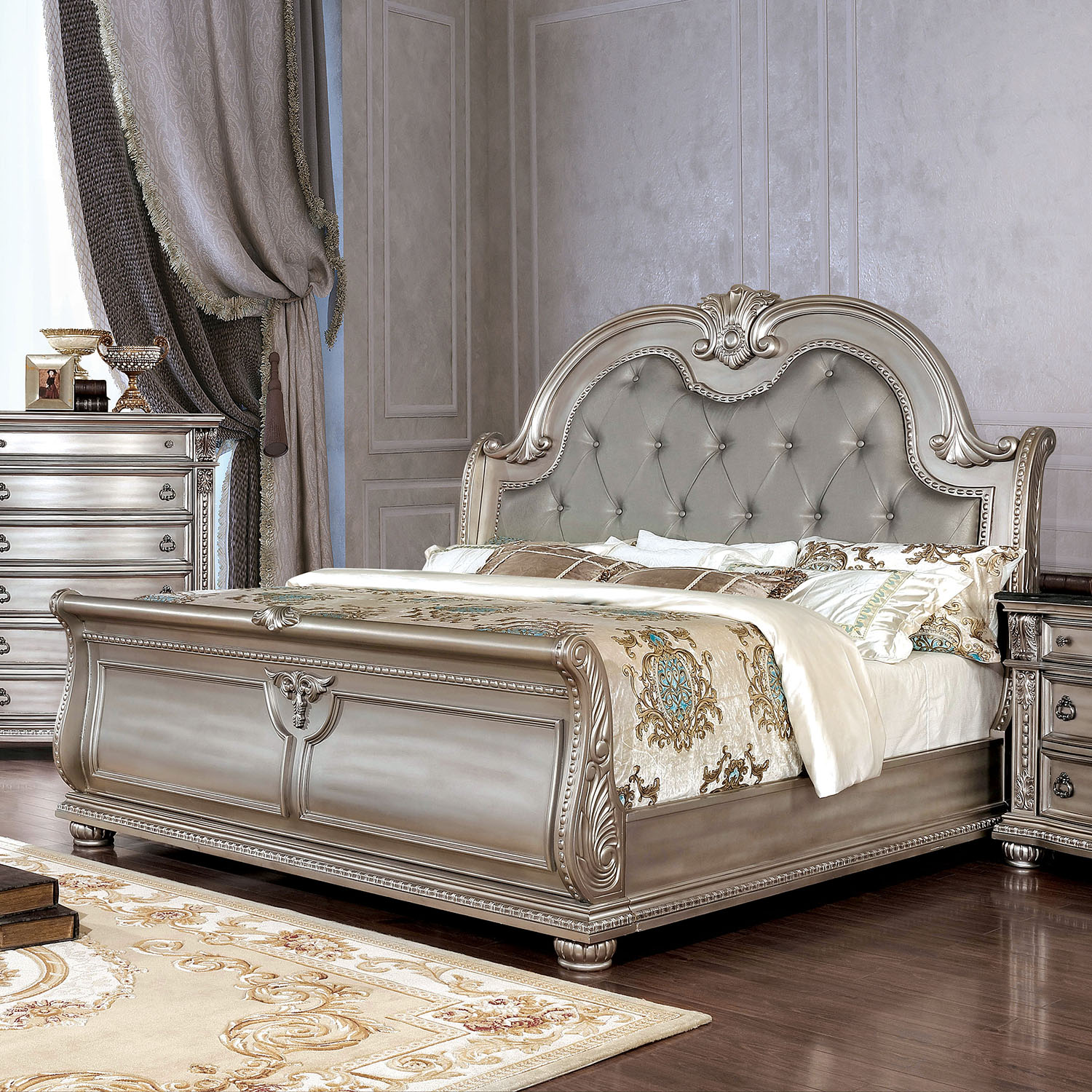 Karlia Traditional Tufted Sleigh Bed in Champagne
