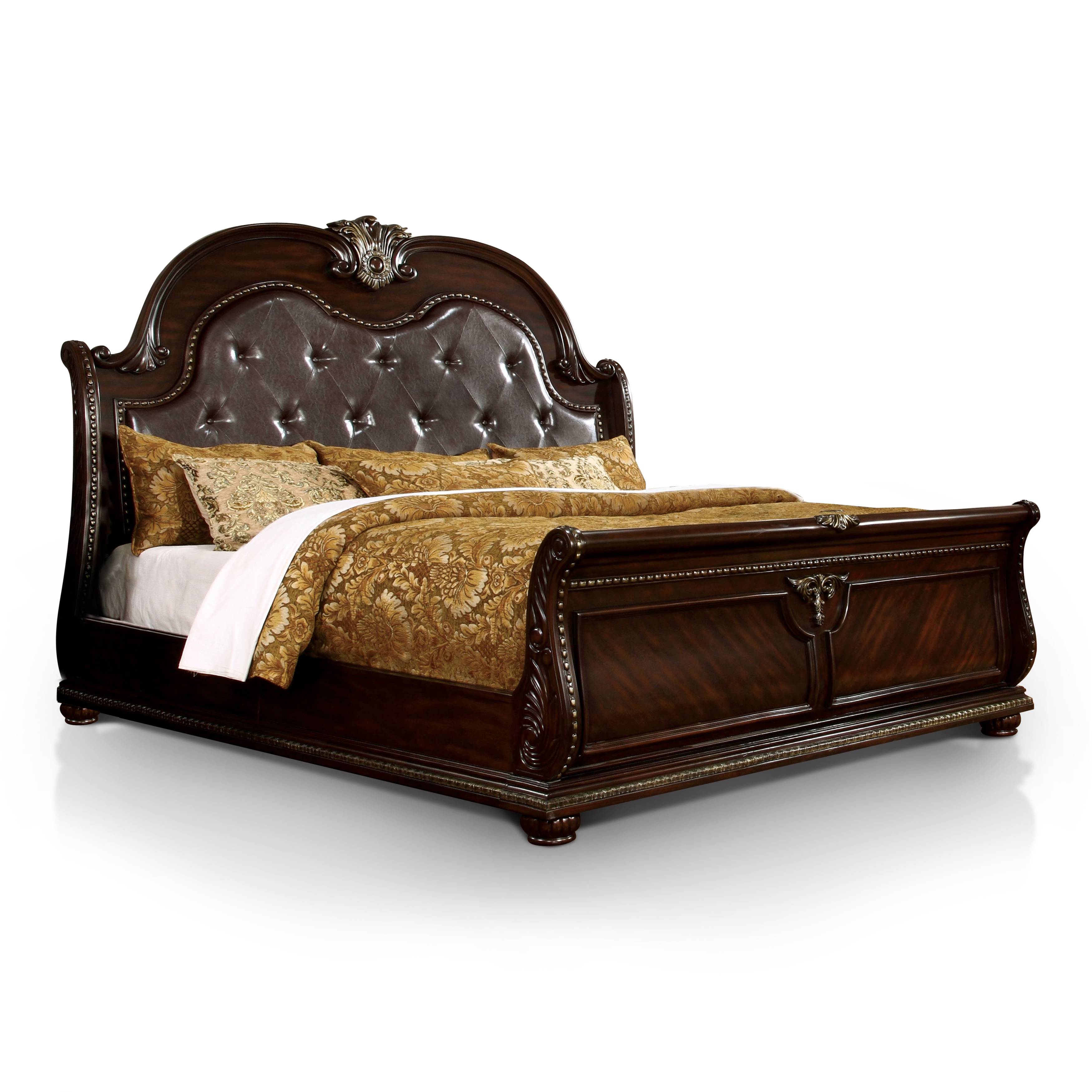 Karlia Traditional Tufted Sleigh Bed in Brown Cherry