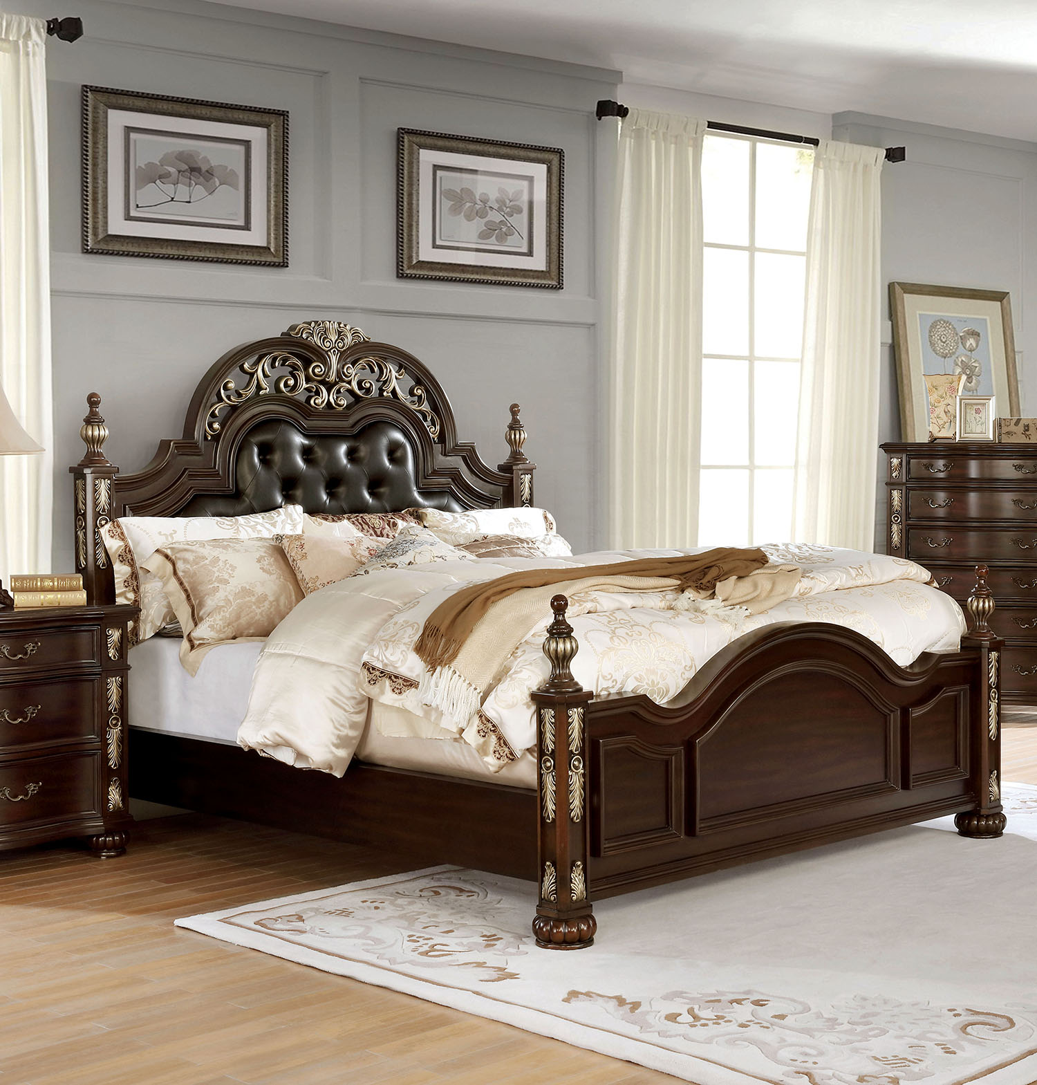 Mullberry Tufted Bed in Brown Cherry