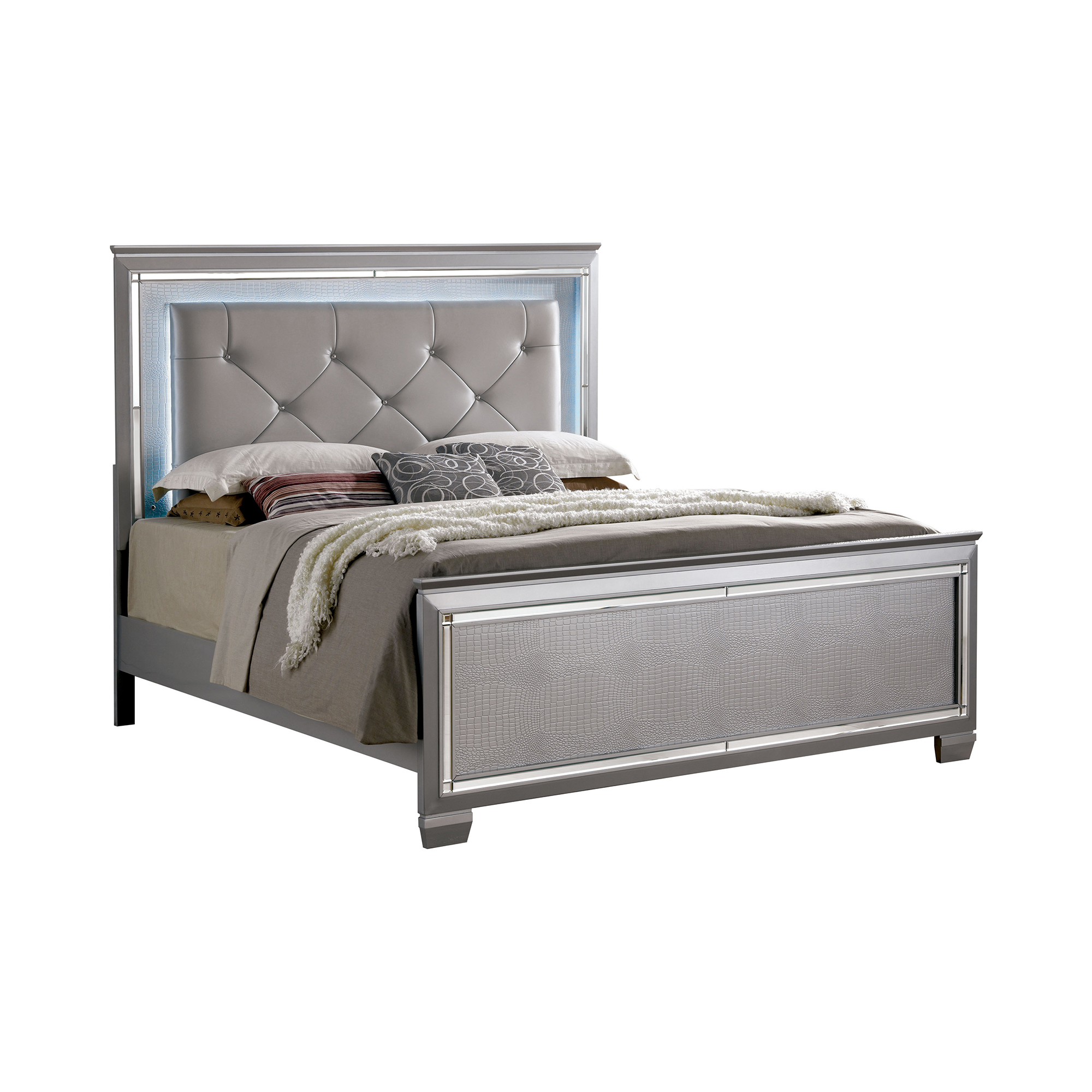 Balitoria Contemporary Faux Leather Panel Bed in Silver