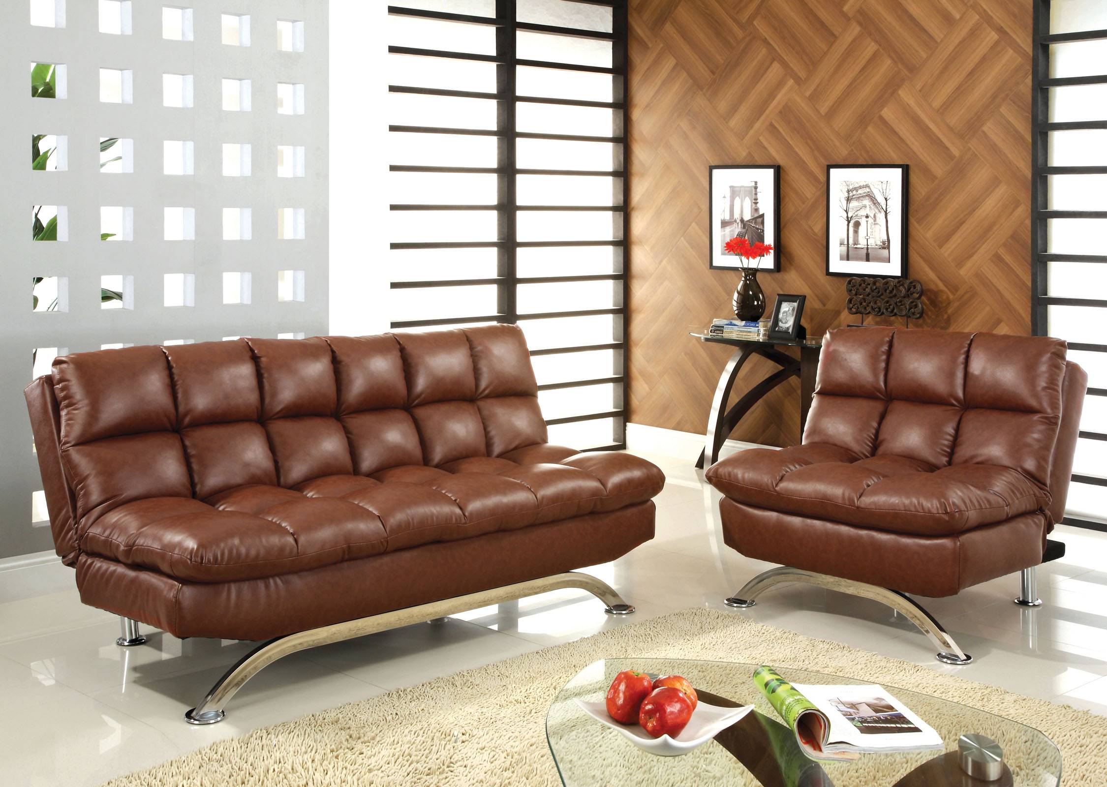 Bulee Contemporary Faux Leather Tufted Chair in Saddle Brown