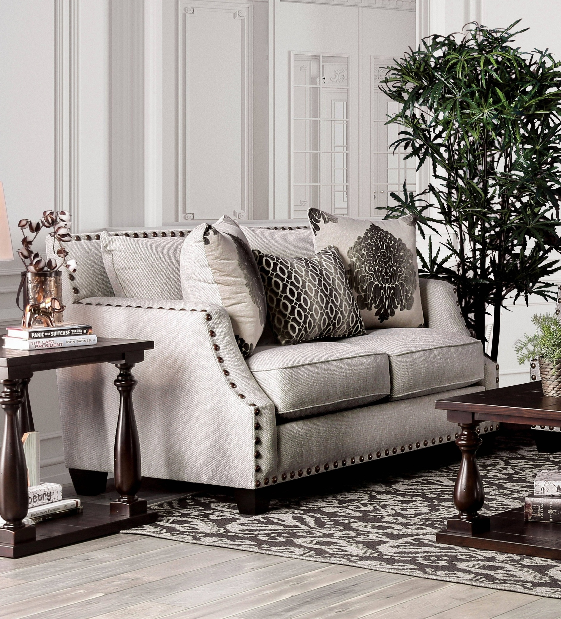 Quinley Contemporary Chenille Nailhead Trim Loveseat in Beige