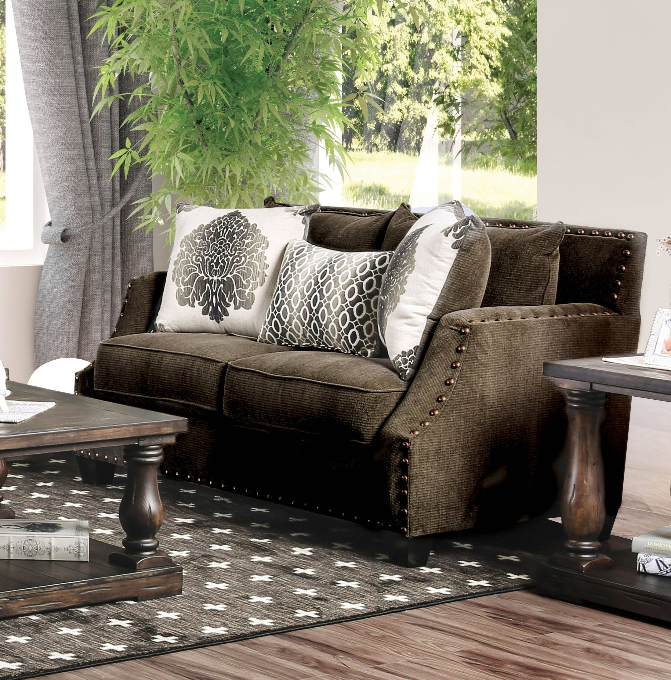 Quinley Contemporary Chenille Nailhead Trim Loveseat in Dark Brown