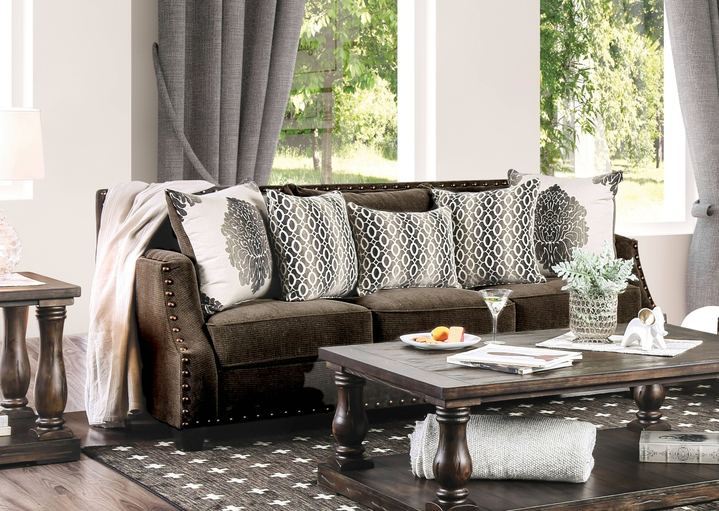 Quinley Contemporary Chenille Nailhead Sofa in Dark Brown