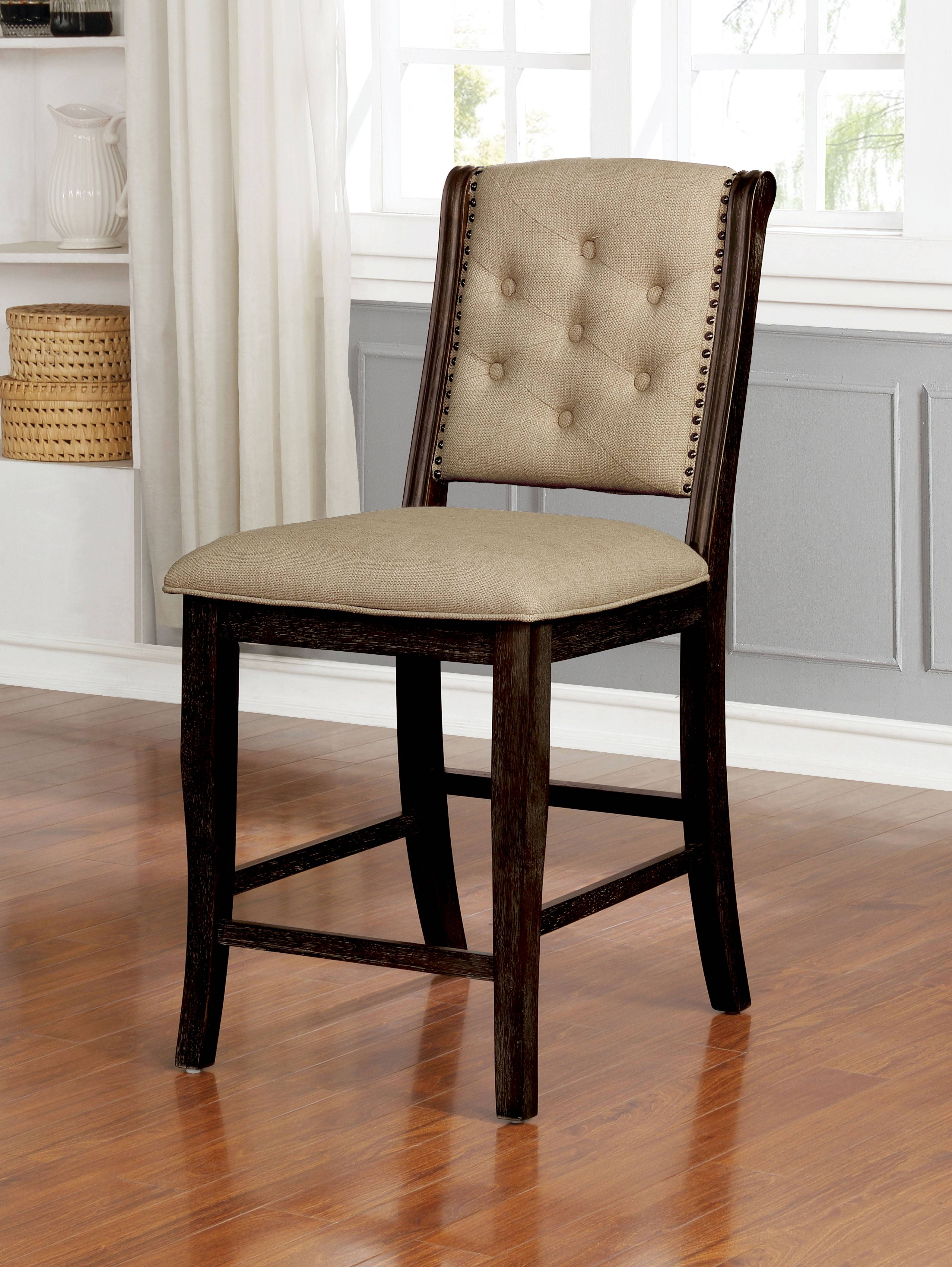 Torence Transitional Button Tufted Counter Height Chairs in Dark Walnut and Beige (Set of 2)