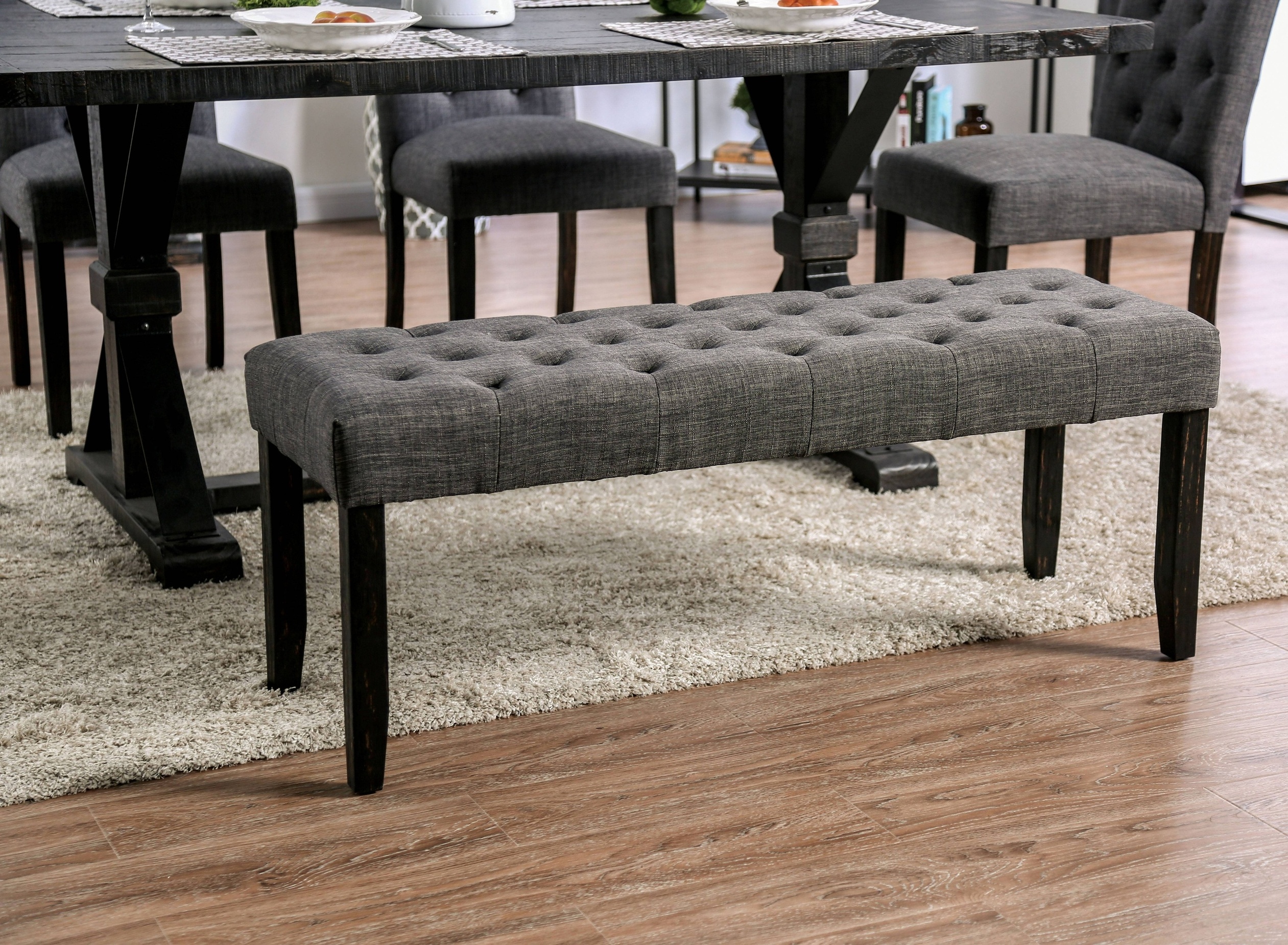 Lorton Rustic Button Tufted Bench in Gray