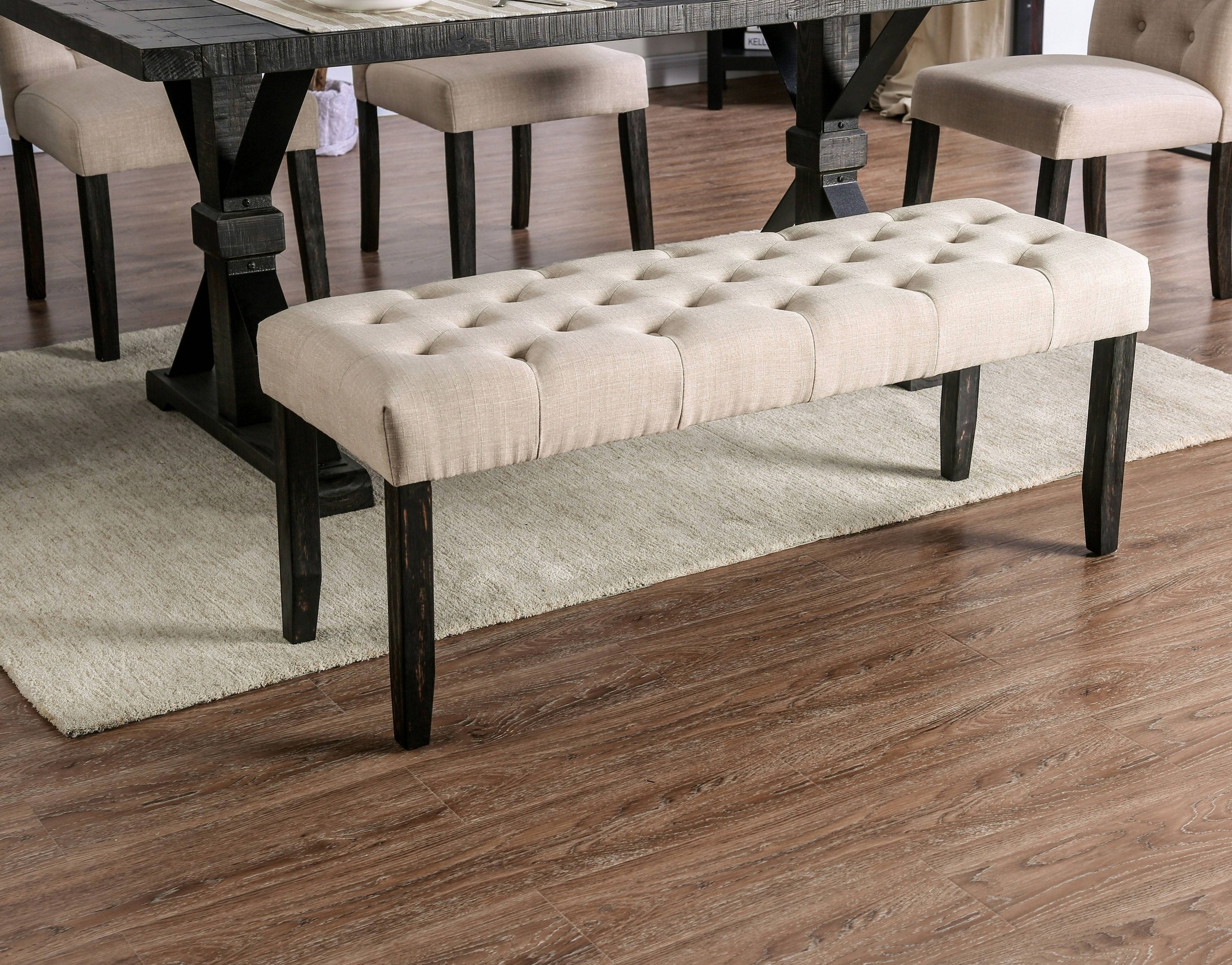 Lorton Rustic Button Tufted Bench in Ivory