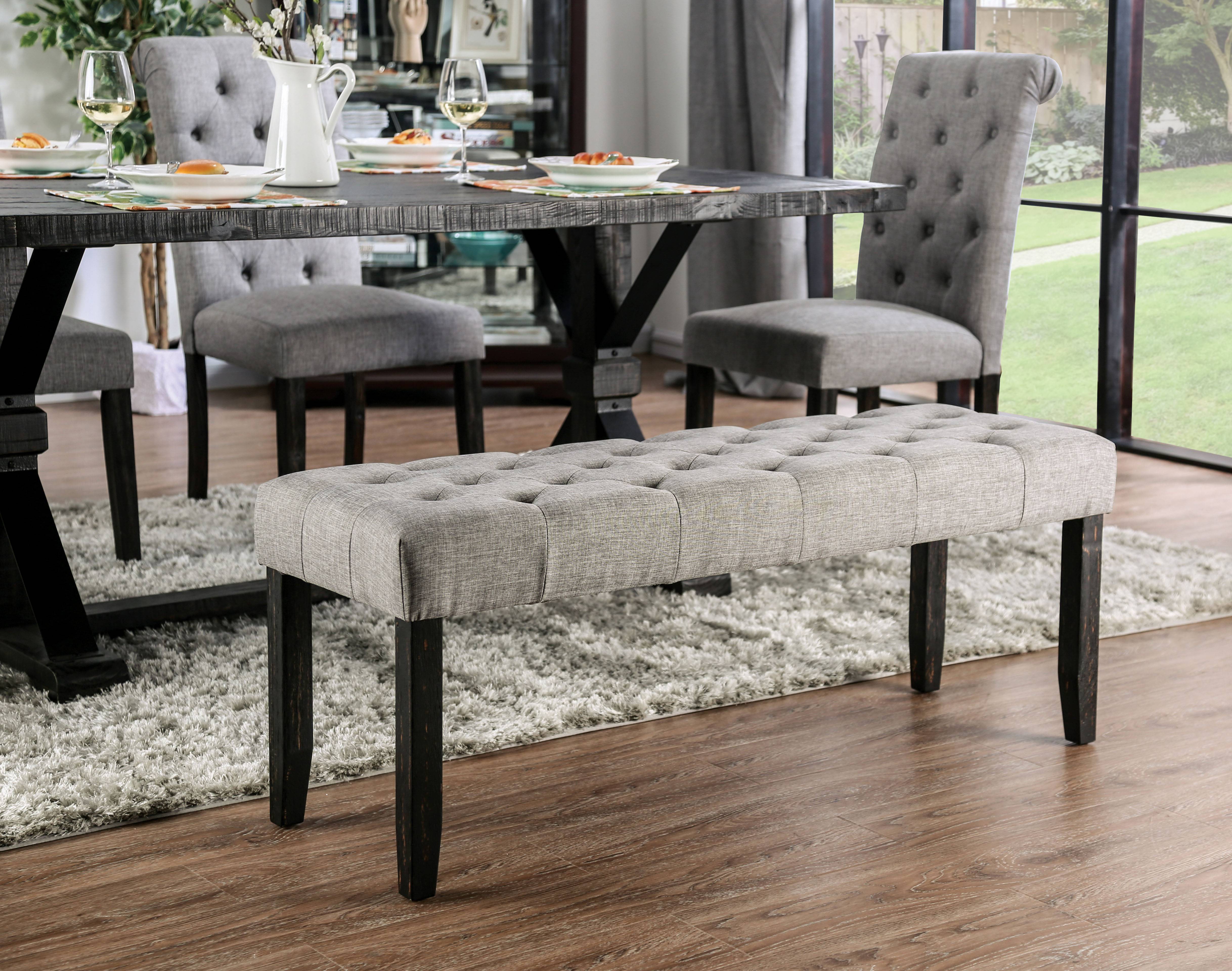 Lorton Rustic Button Tufted Bench in Light Gray