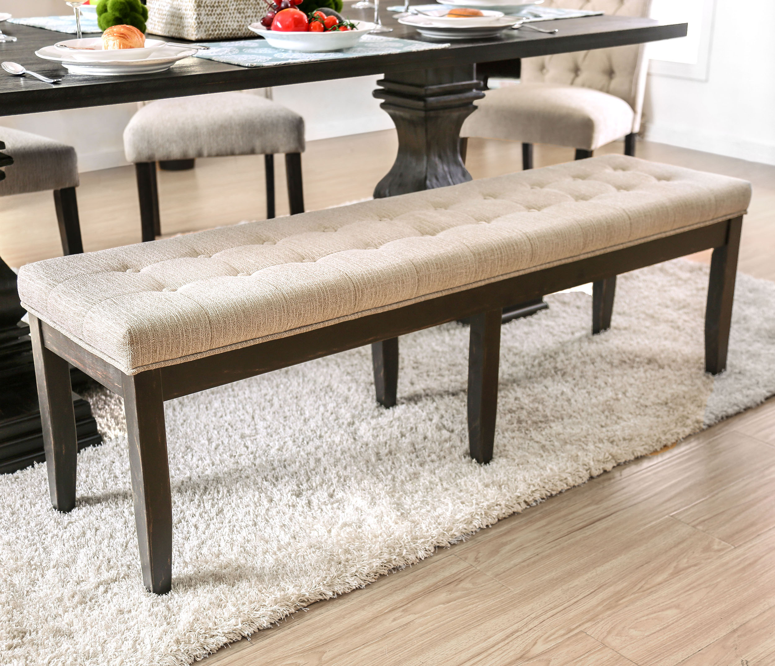 Lilla Rustic Button Tufted Bench in Beige
