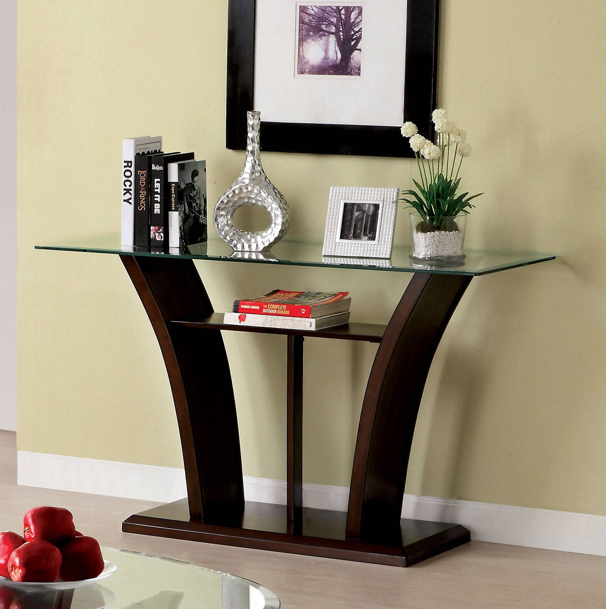 Jillyn Contemporary Glass Top Console Table in Dark Cherry