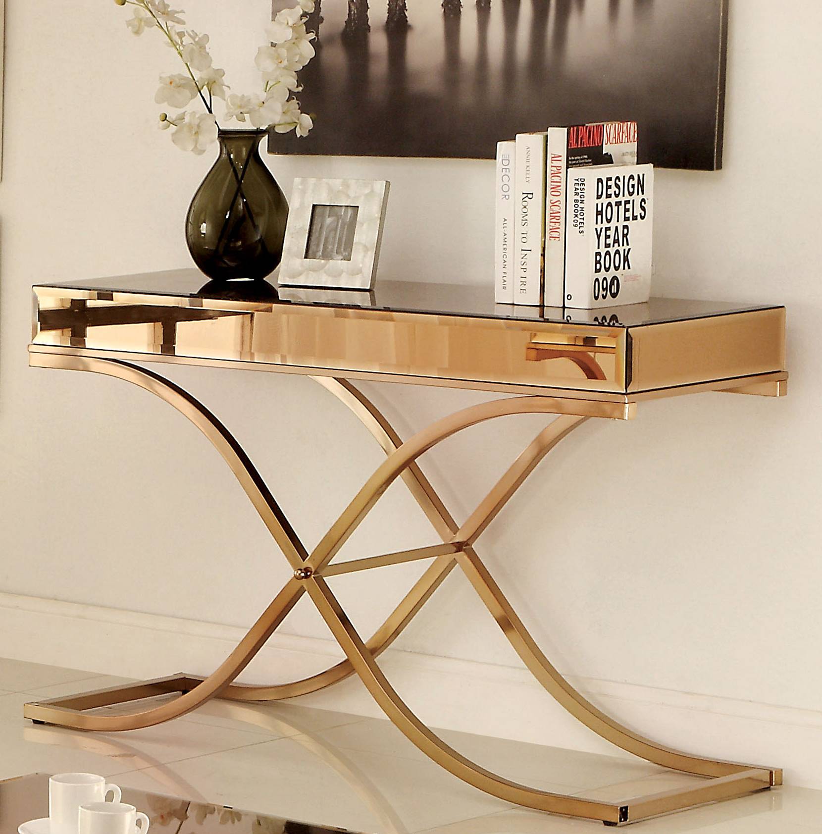Lorrisa Contemporary Glass Top Sofa Table in Brass