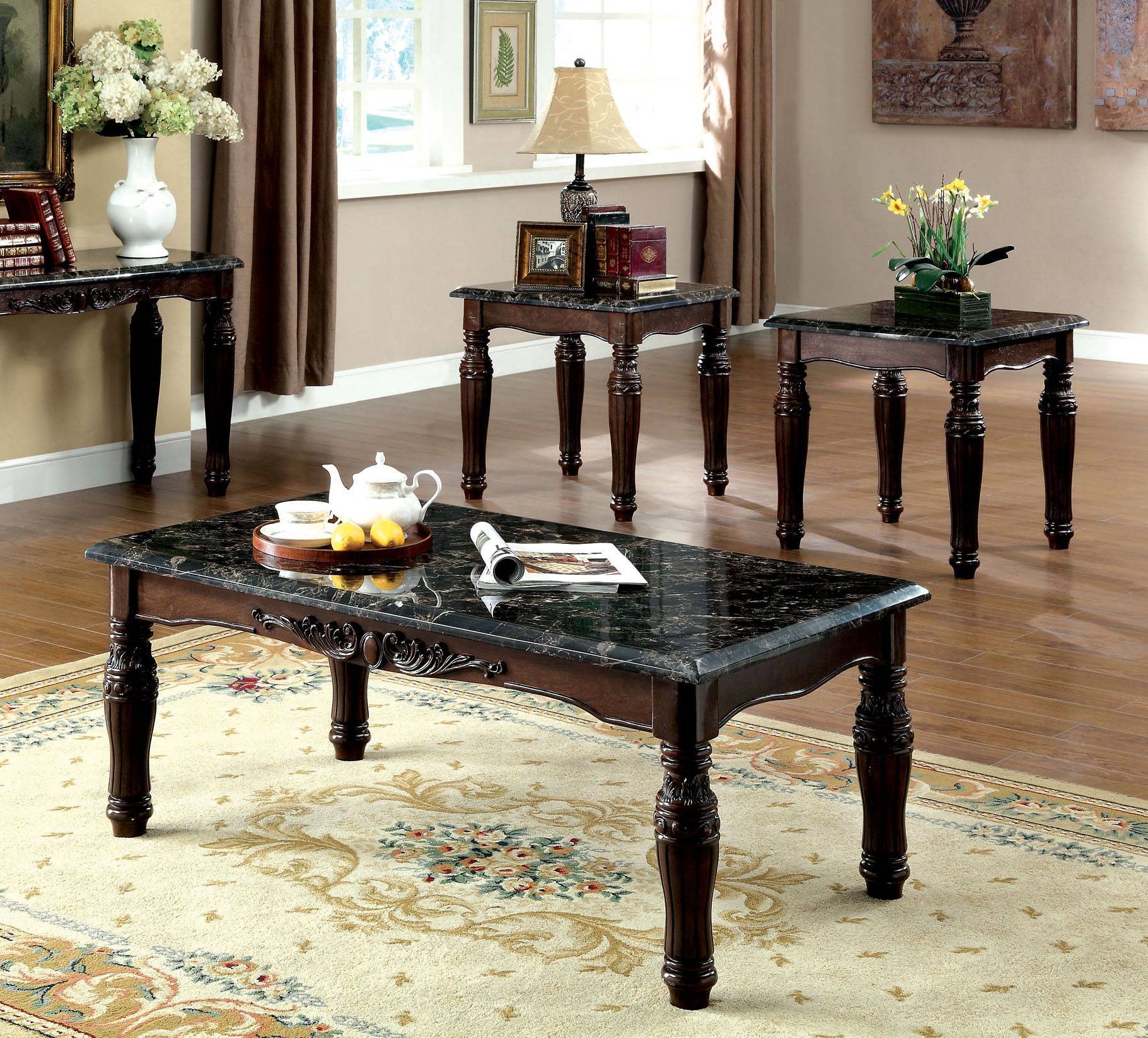Myrna Traditional Marble Top 3-Piece Table Set