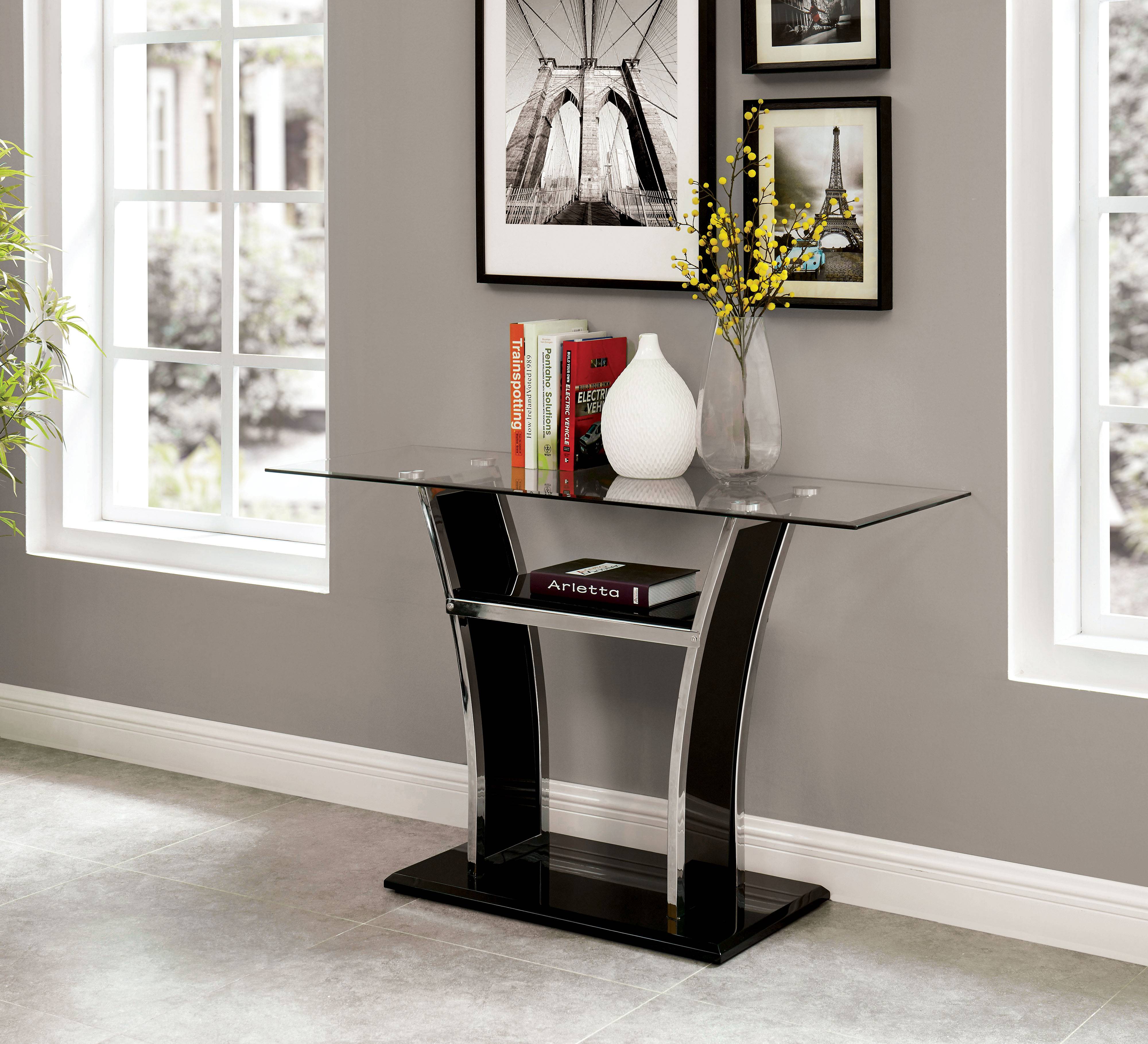 Warsan Contemporary Glass Top Console Table in Glossy Black and Chrome