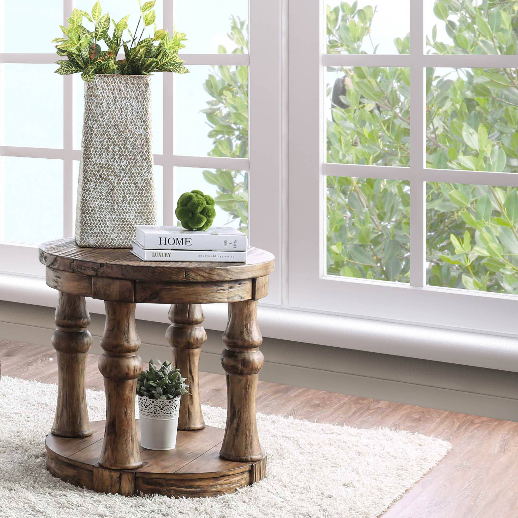 Cintra Rustic Wood Top End Table in Antique Oak