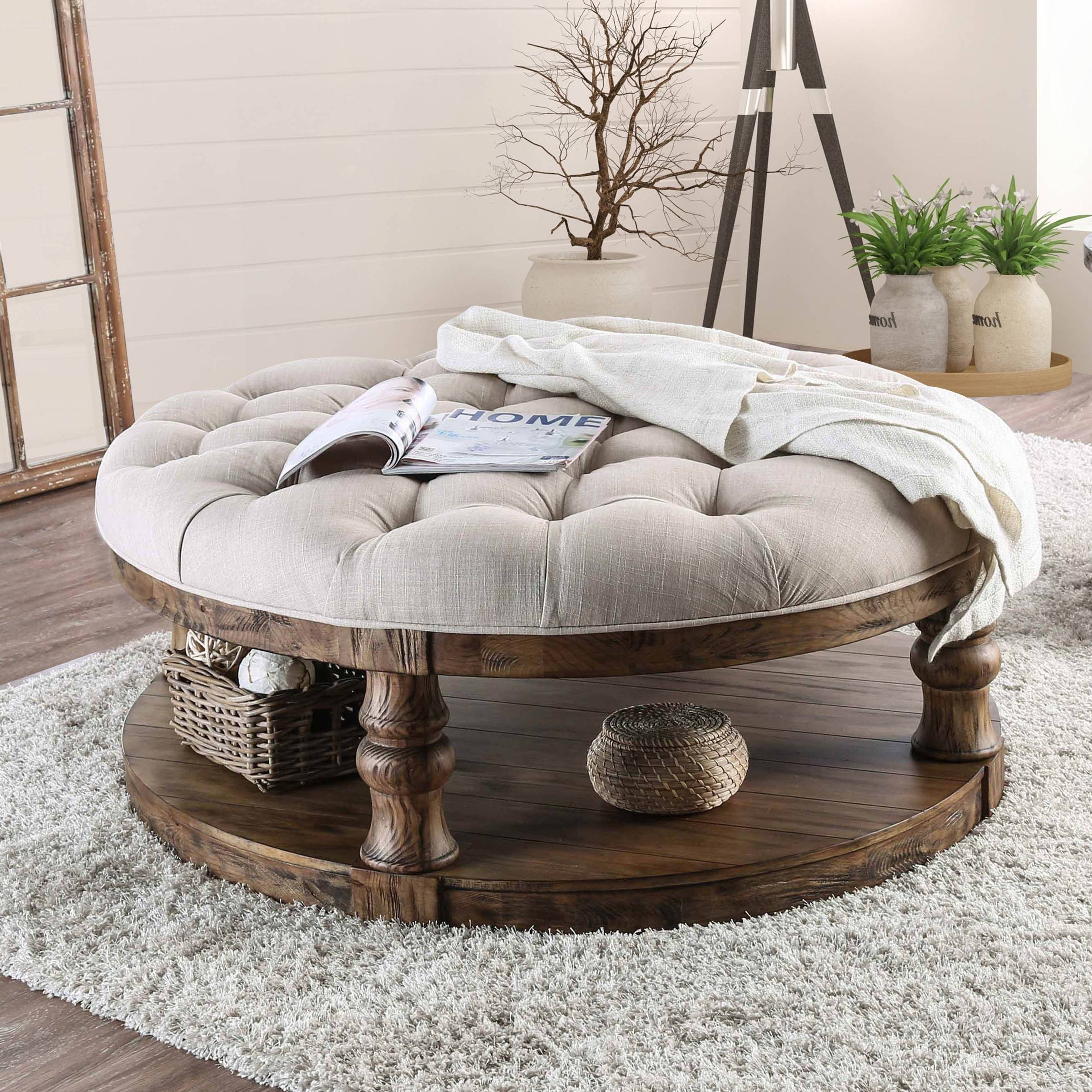 Cintra Rustic Tufted Cushion Top Coffee Table in Antique Oak