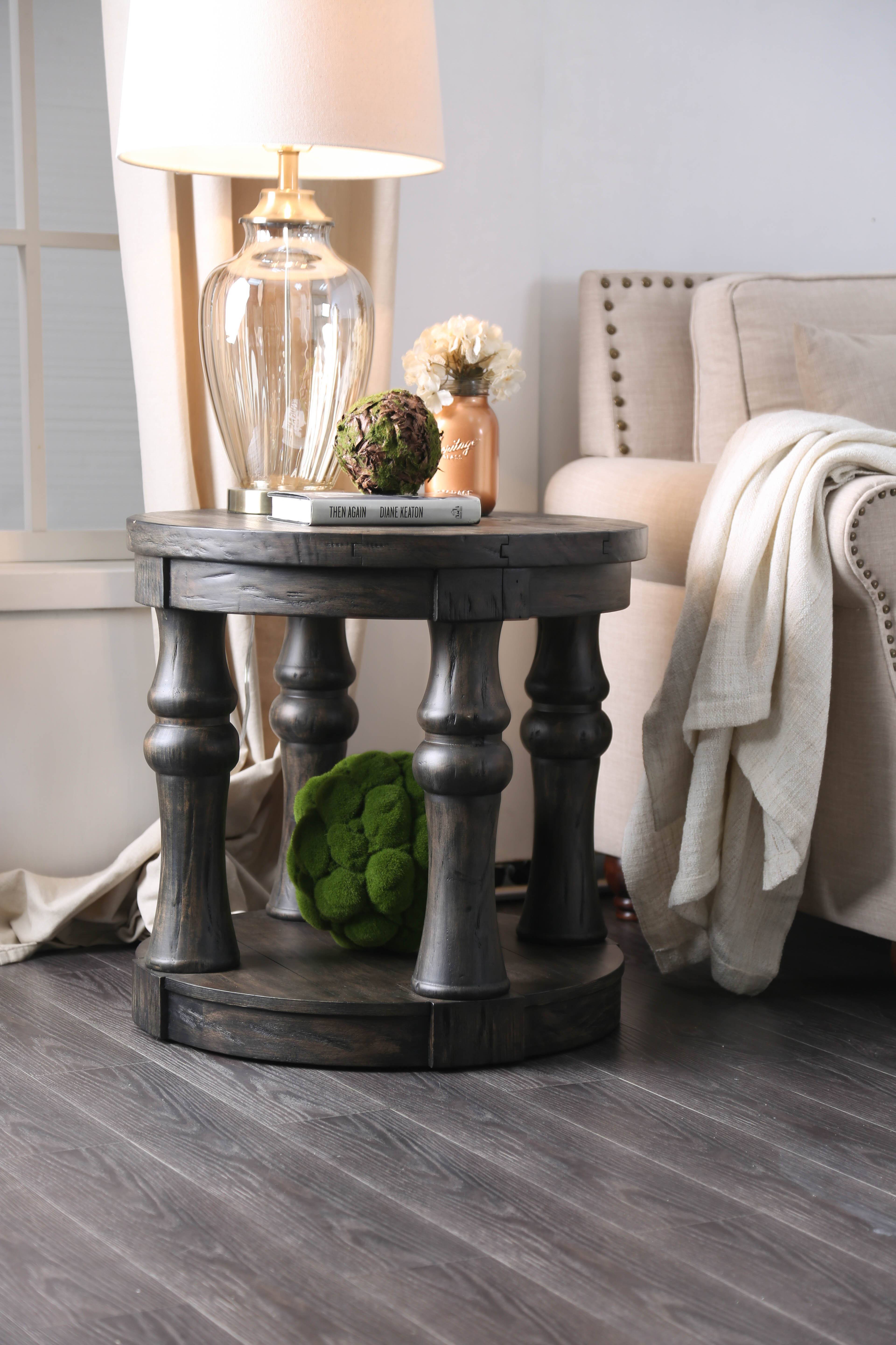 Cintra Rustic Wood Top End Table in Antique Gray