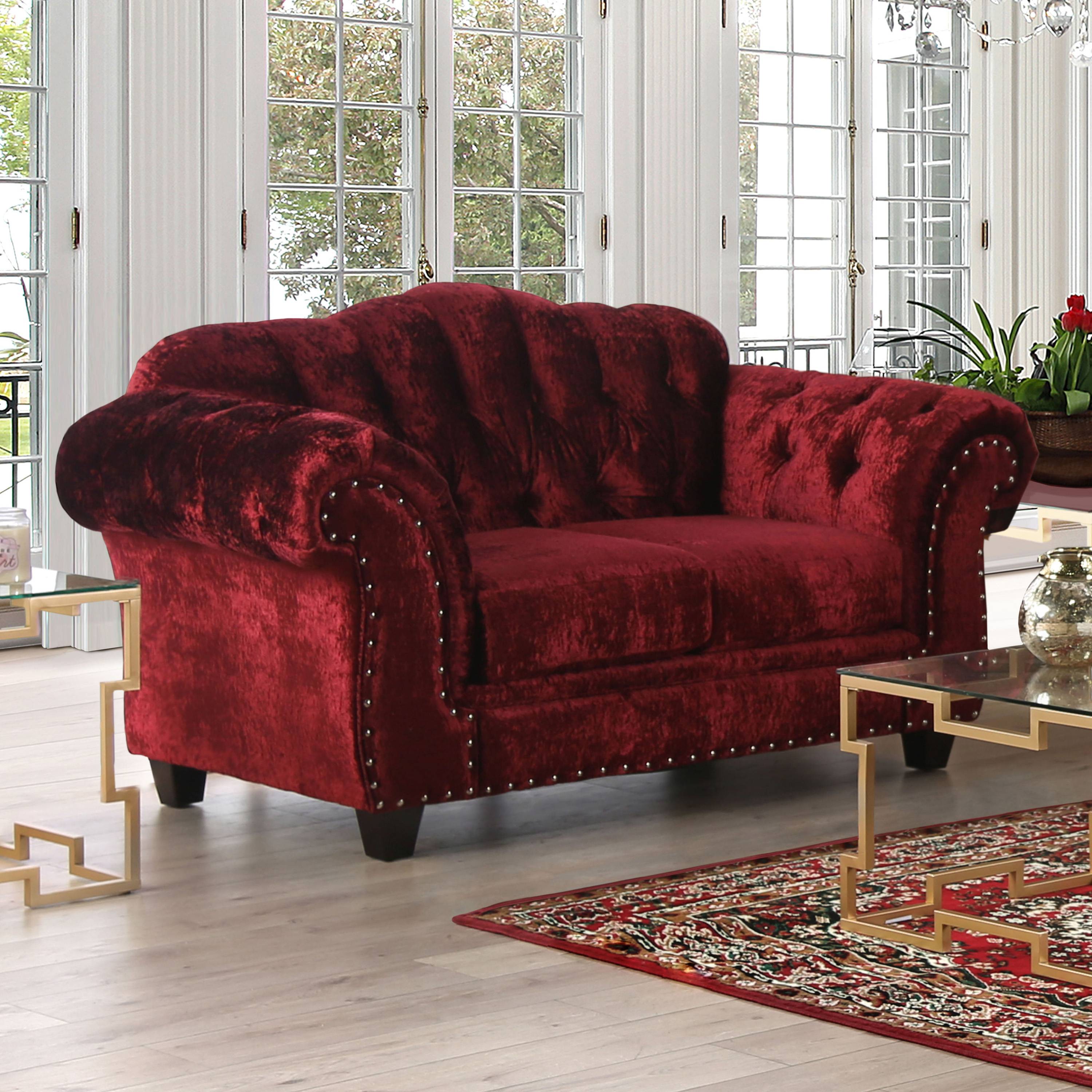 Lunde Transitional Nailhead Trim Loveseat in Wine