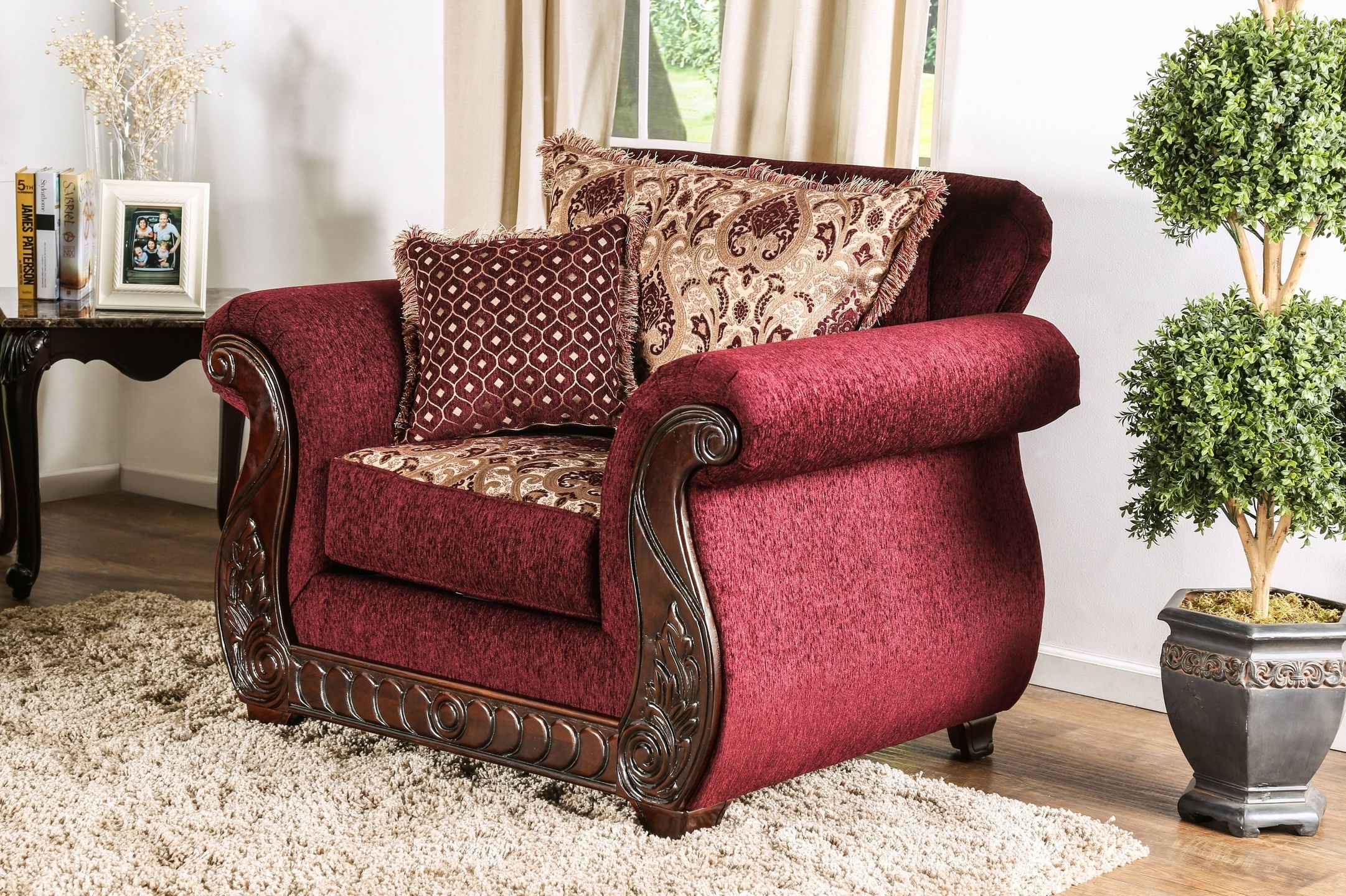 Merzen Traditional Fabric Upholstered Arm Chair in Wine