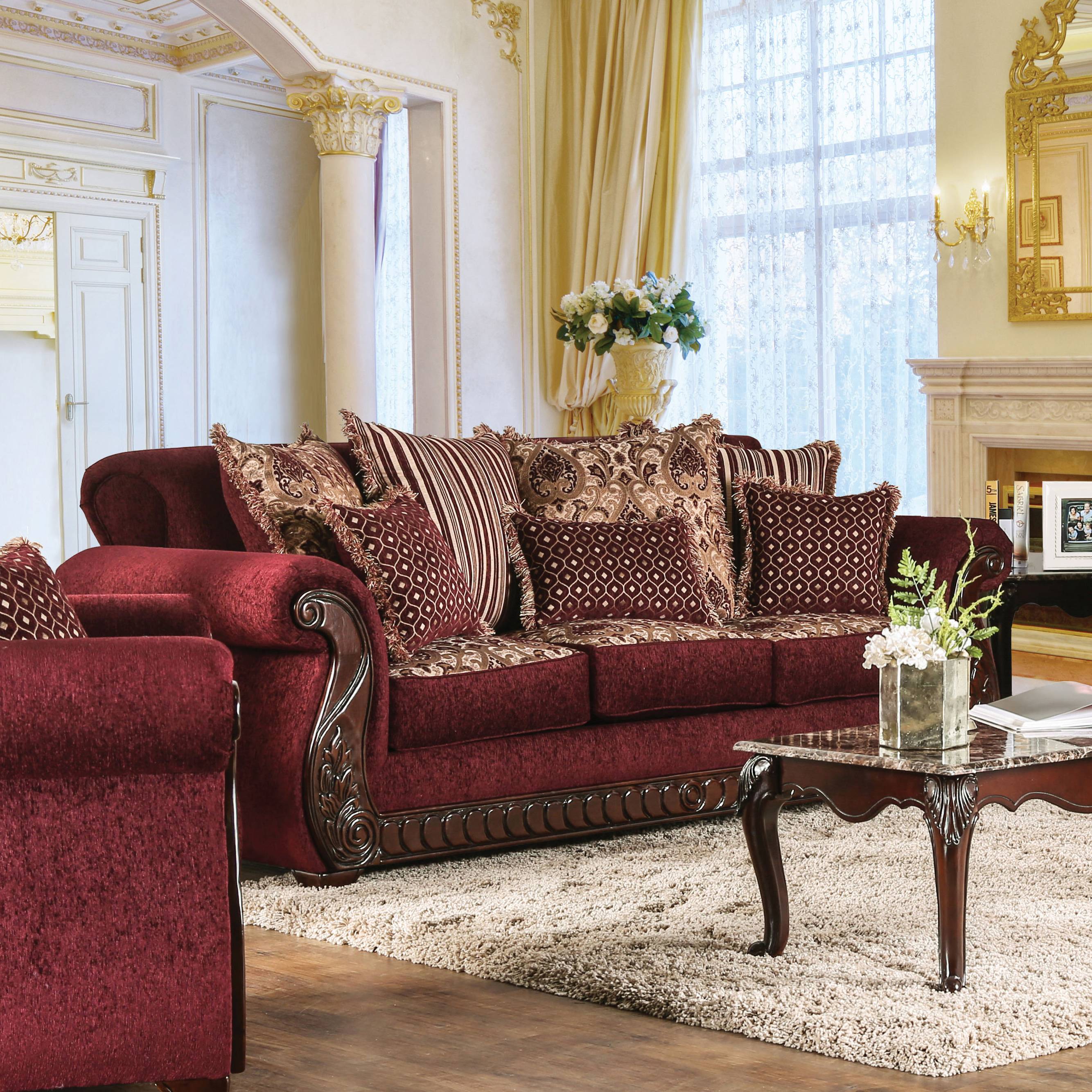 Merzen Traditional Fabric Upholstered Sofa in Wine
