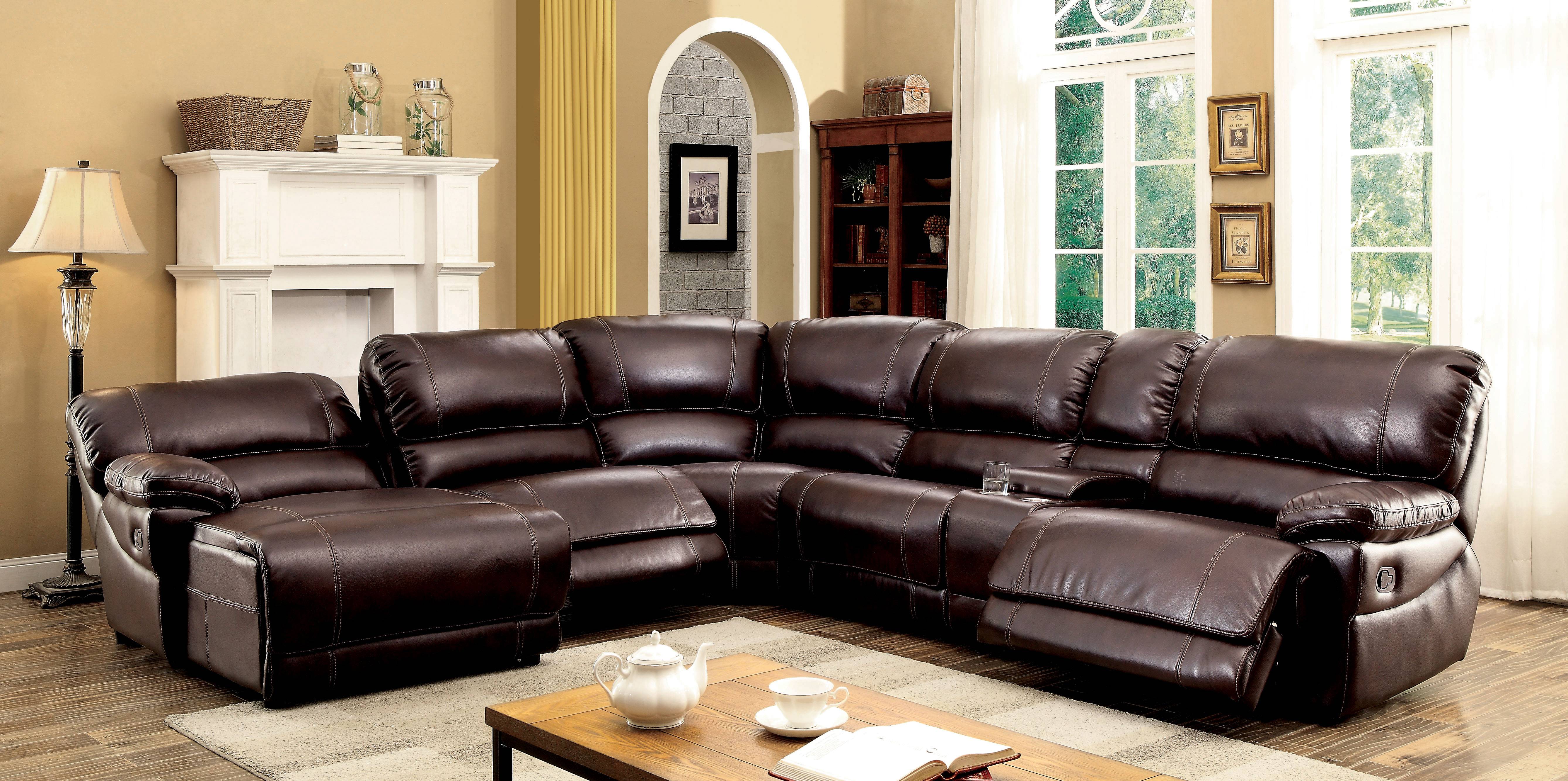 Leora Transitional Faux Leather U-Shape Recliner Sectional in Brown