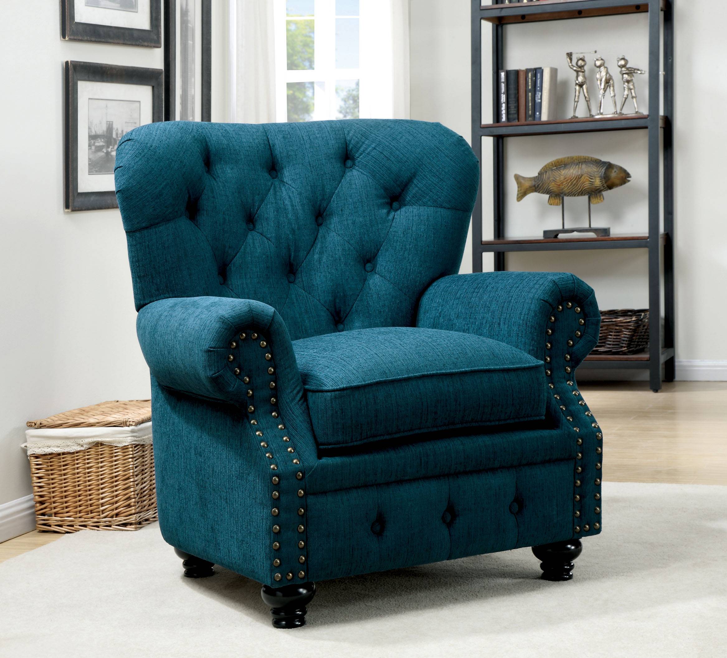 Stacy Traditional Button Tufted Arm Chair in Dark Teal