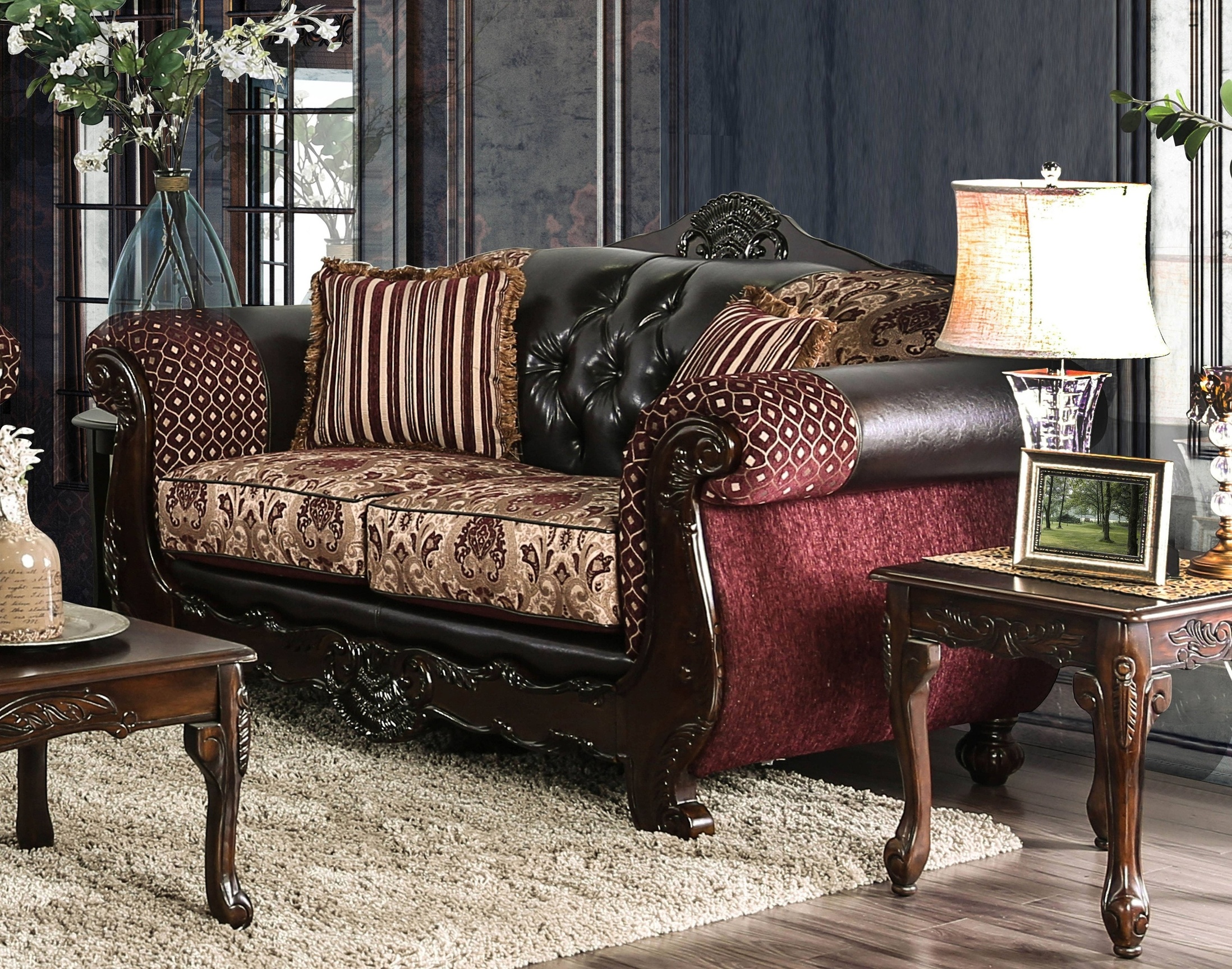Azzar Traditional Faux Leather Tufted Loveseat in Burgundy and Dark Brown