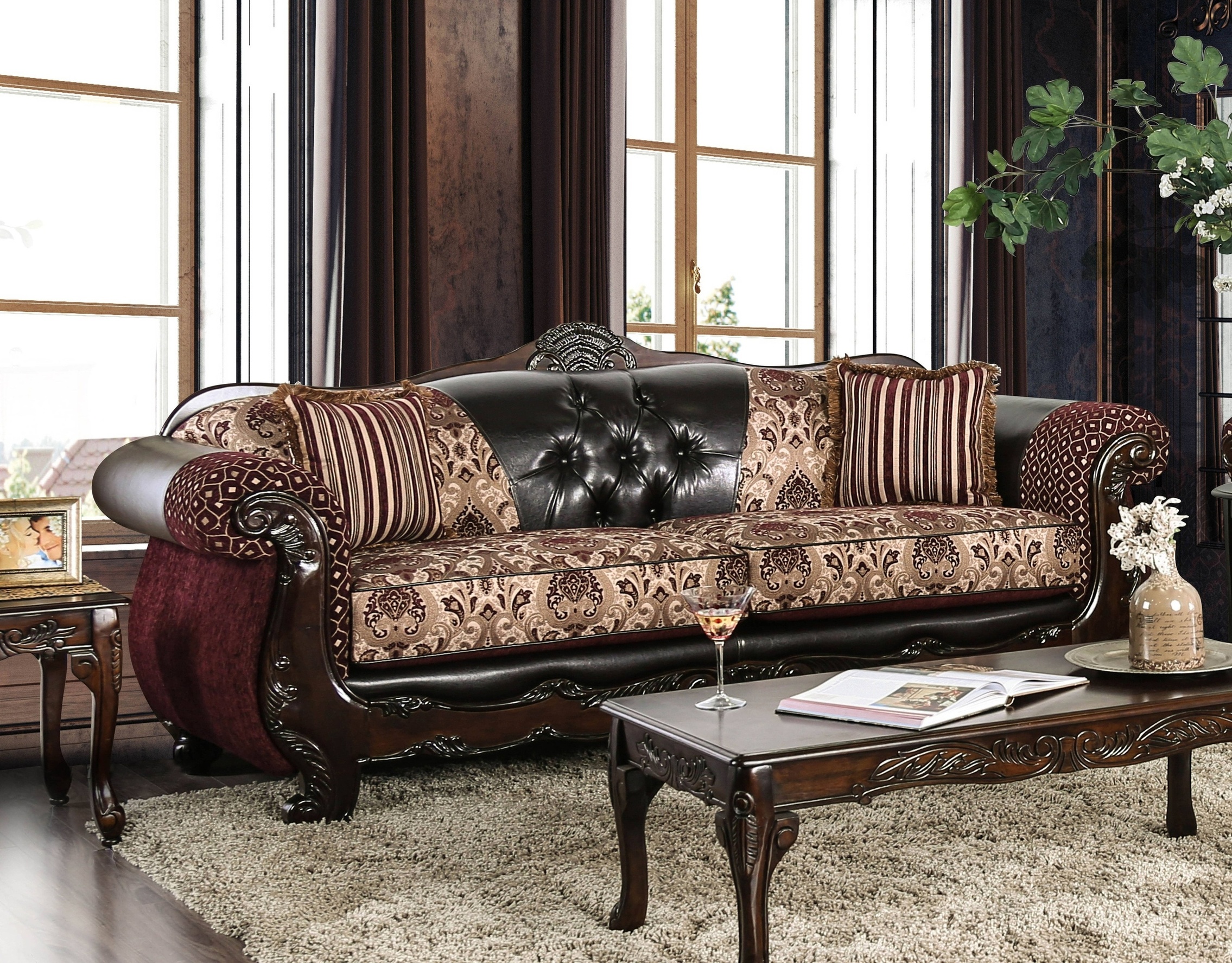Azzar Traditional Faux Leather Tufted Sofa in Burgundy and Dark Brown