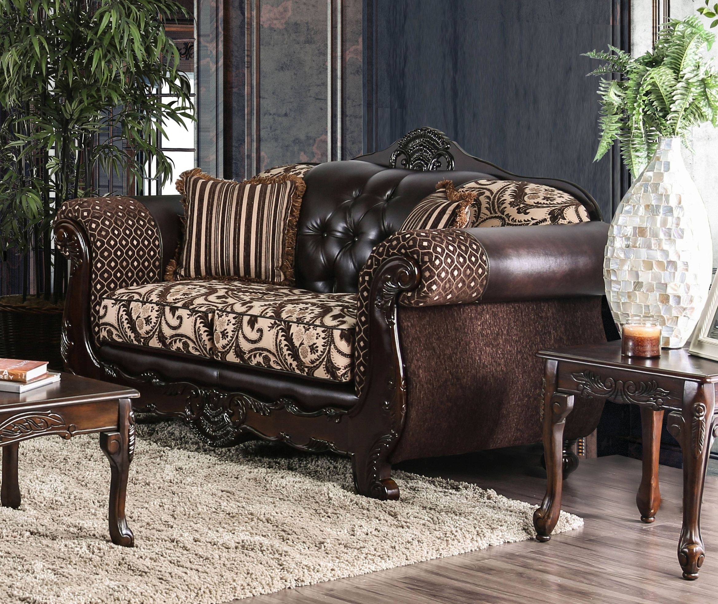 Azzar Traditional Faux Leather Tufted Loveseat in Dark Brown
