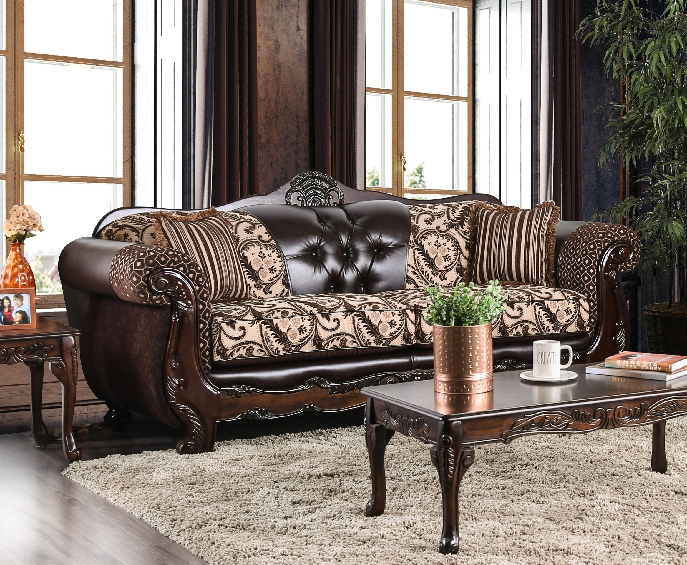 Azzar Traditional Faux Leather Tufted Sofa in Dark Brown