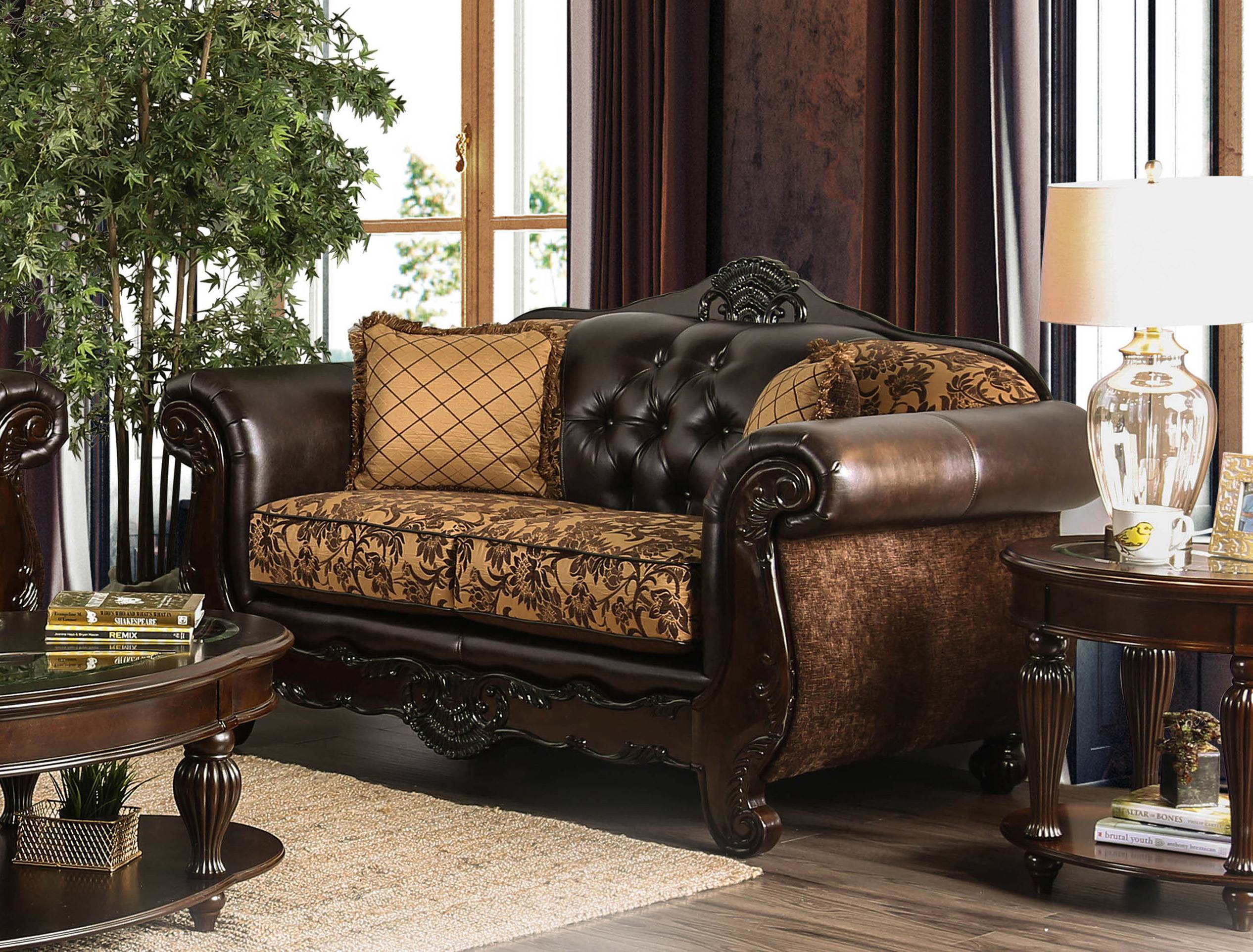 Azzar Traditional Faux Leather Tufted Loveseat in Tan and Dark Brown
