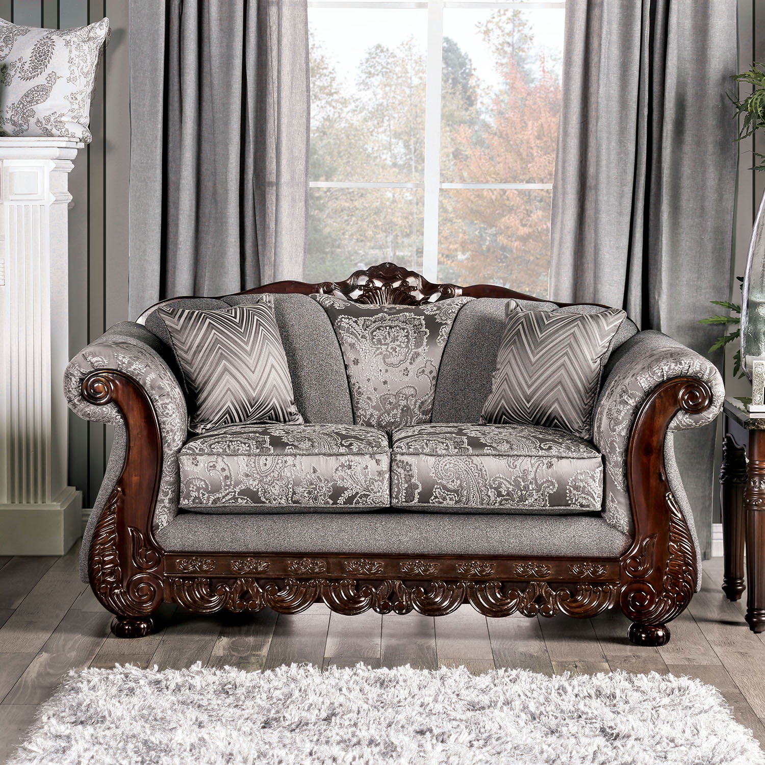 Sorne Traditional Chenille Upholstered Loveseat in Gray and Espresso