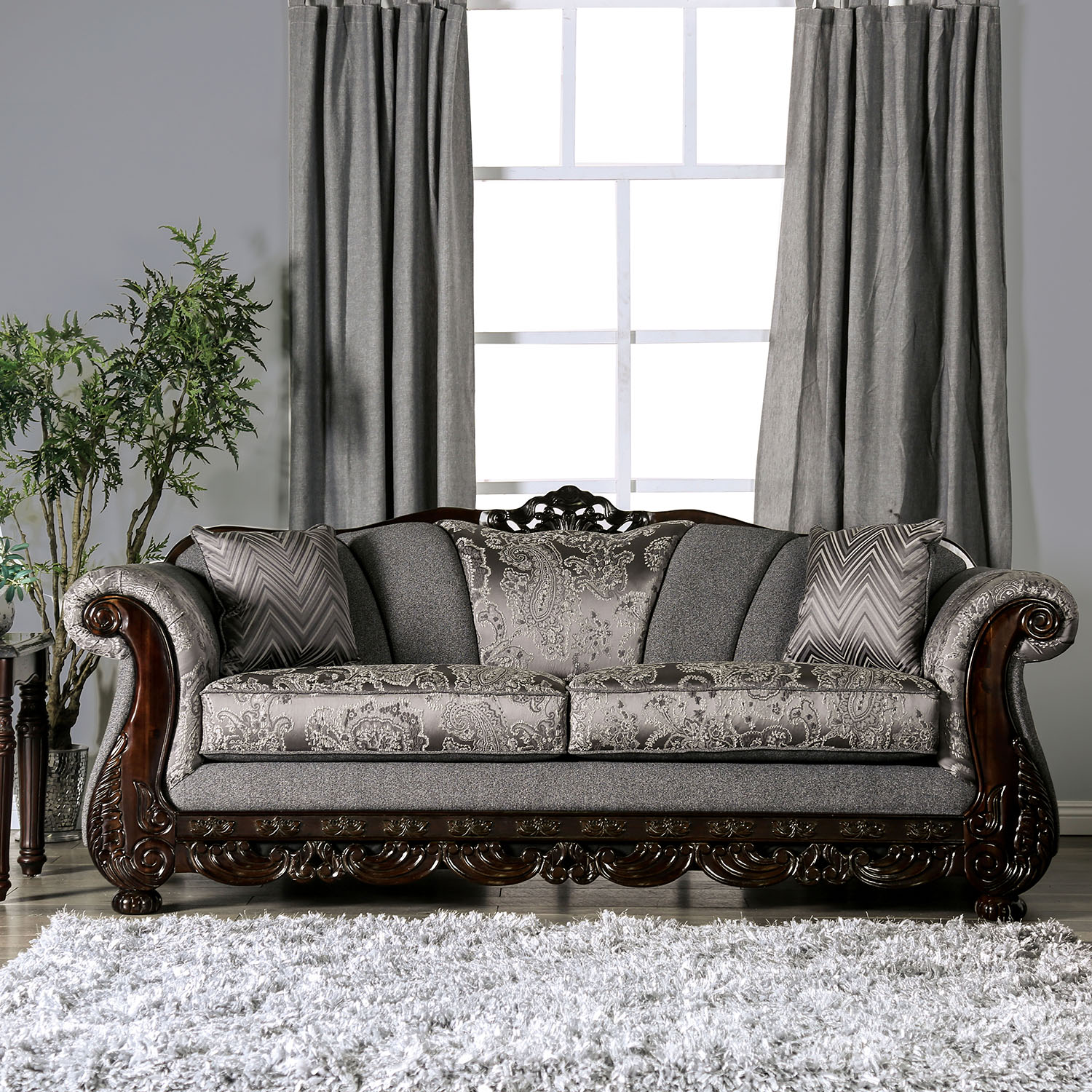 Sorne Traditional Chenille Upholstered Sofa in Gray and Espresso