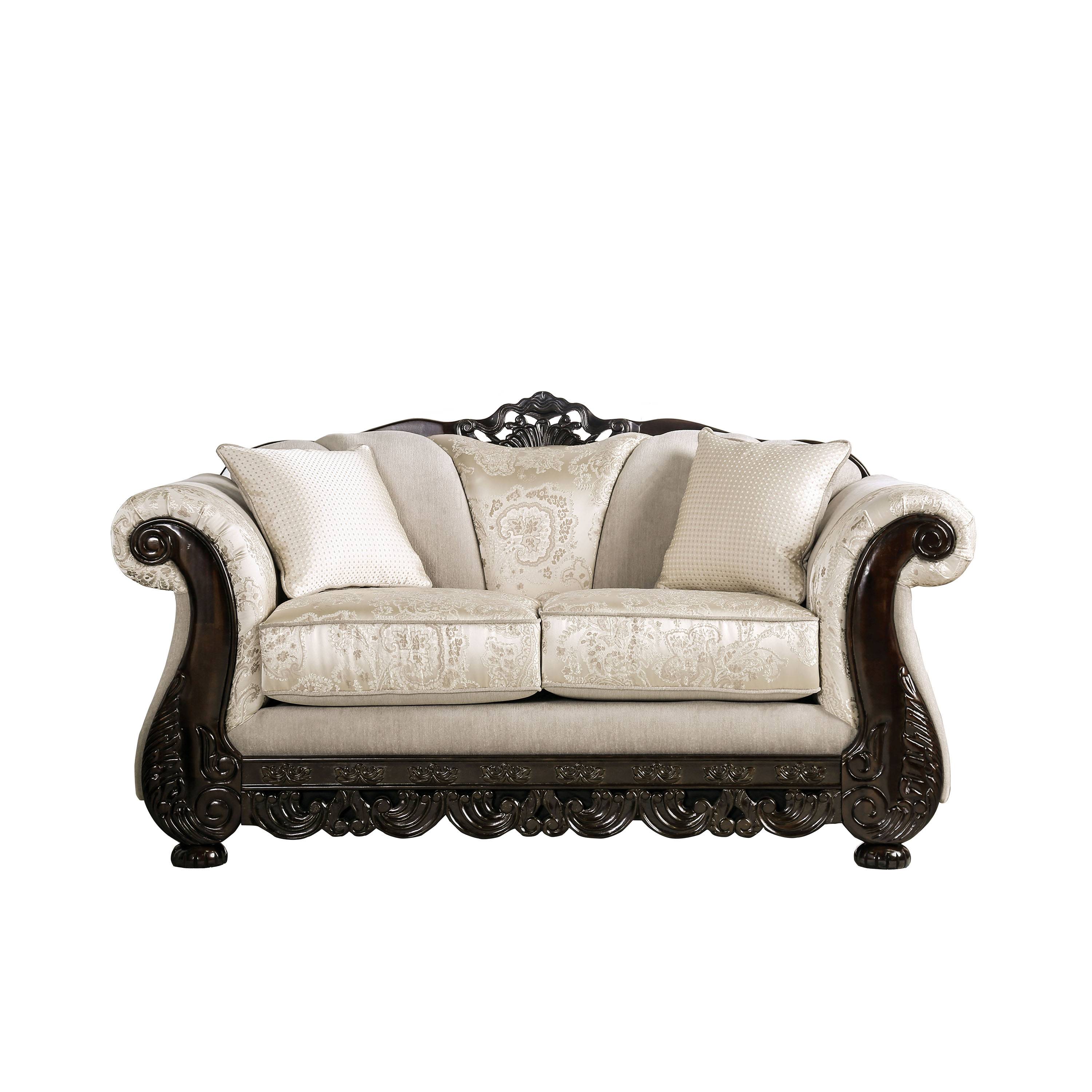 Sorne Traditional Chenille Upholstered Loveseat in Ivory and Espresso
