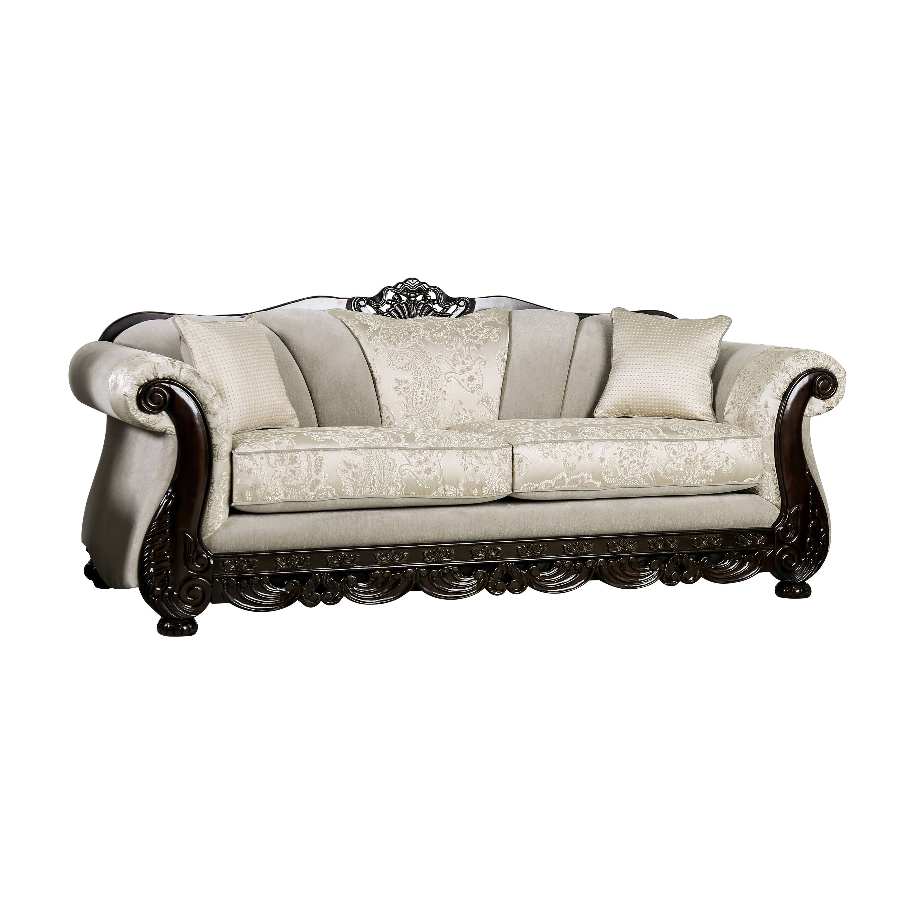 Sorne Traditional Chenille Upholstered Sofa in Ivory and Espresso