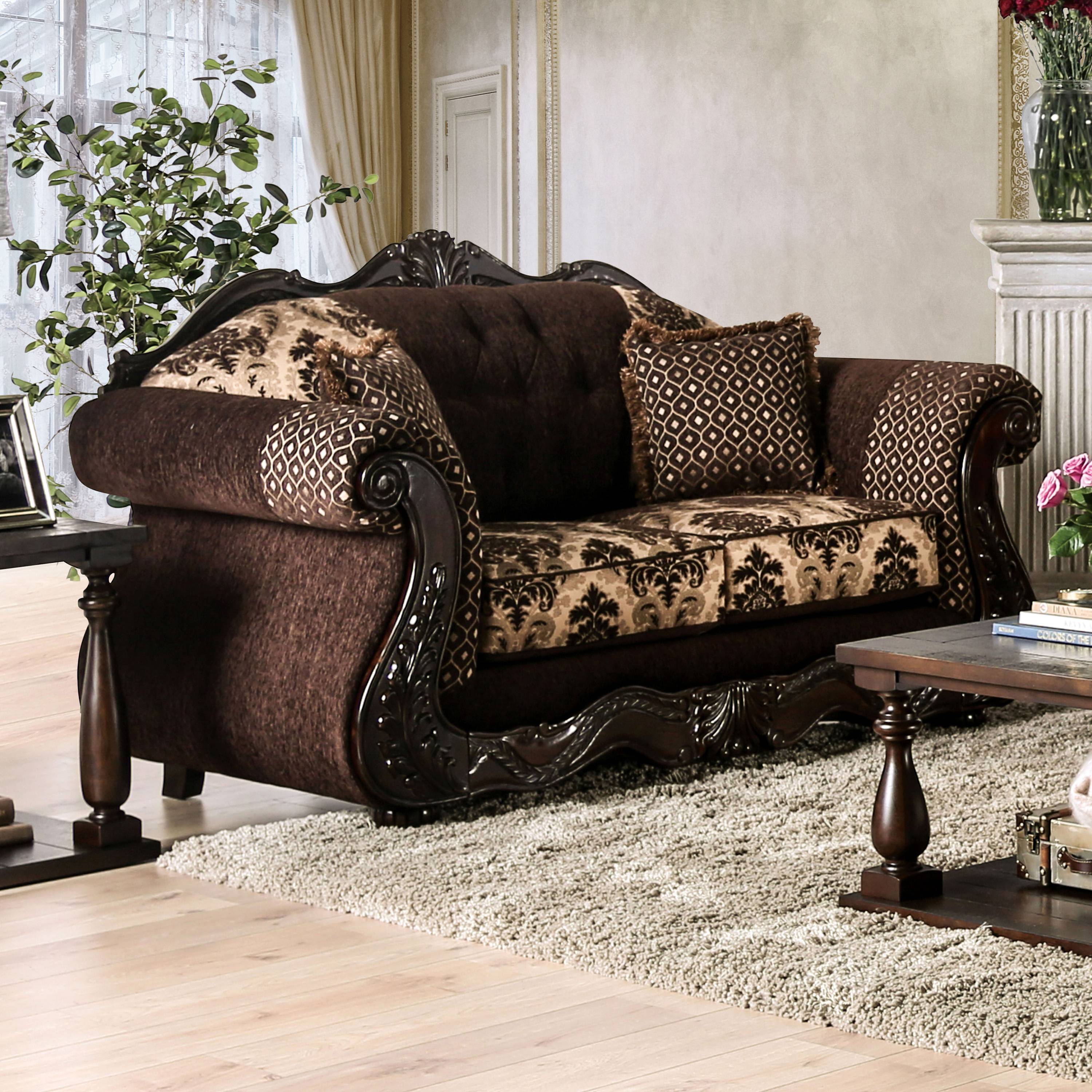 Huan Traditional Rolled Arms Loveseat in Dark Brown