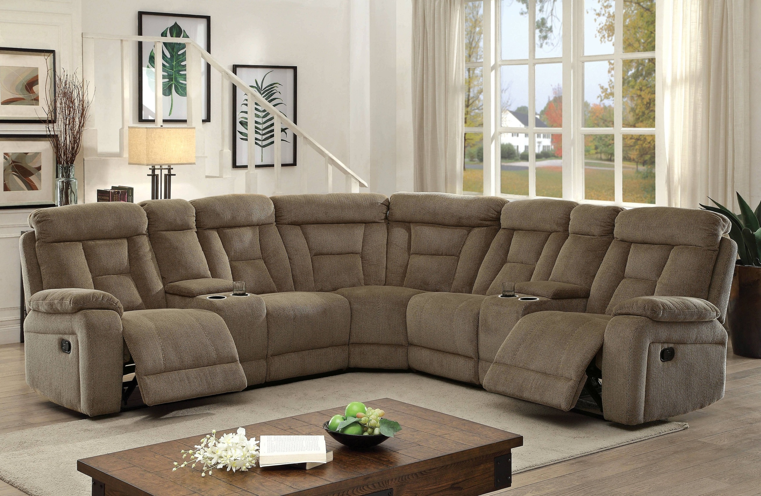 Bronson Transitional Chenille Fabric Reclining Sectional with Cup Holders in Mocha