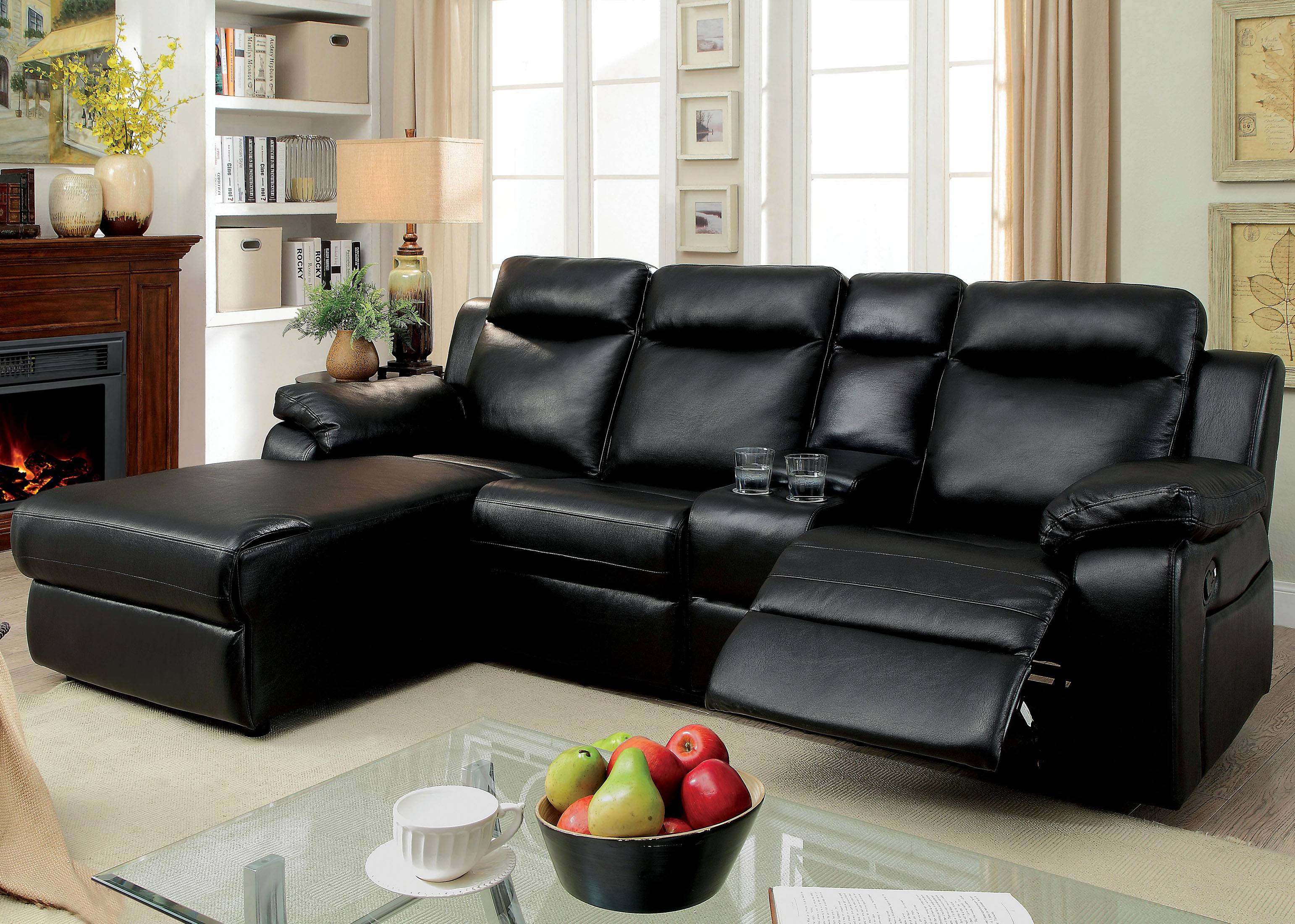 Becarra Transitional Faux Leather Reclining Sectional with Cup Holders in Black