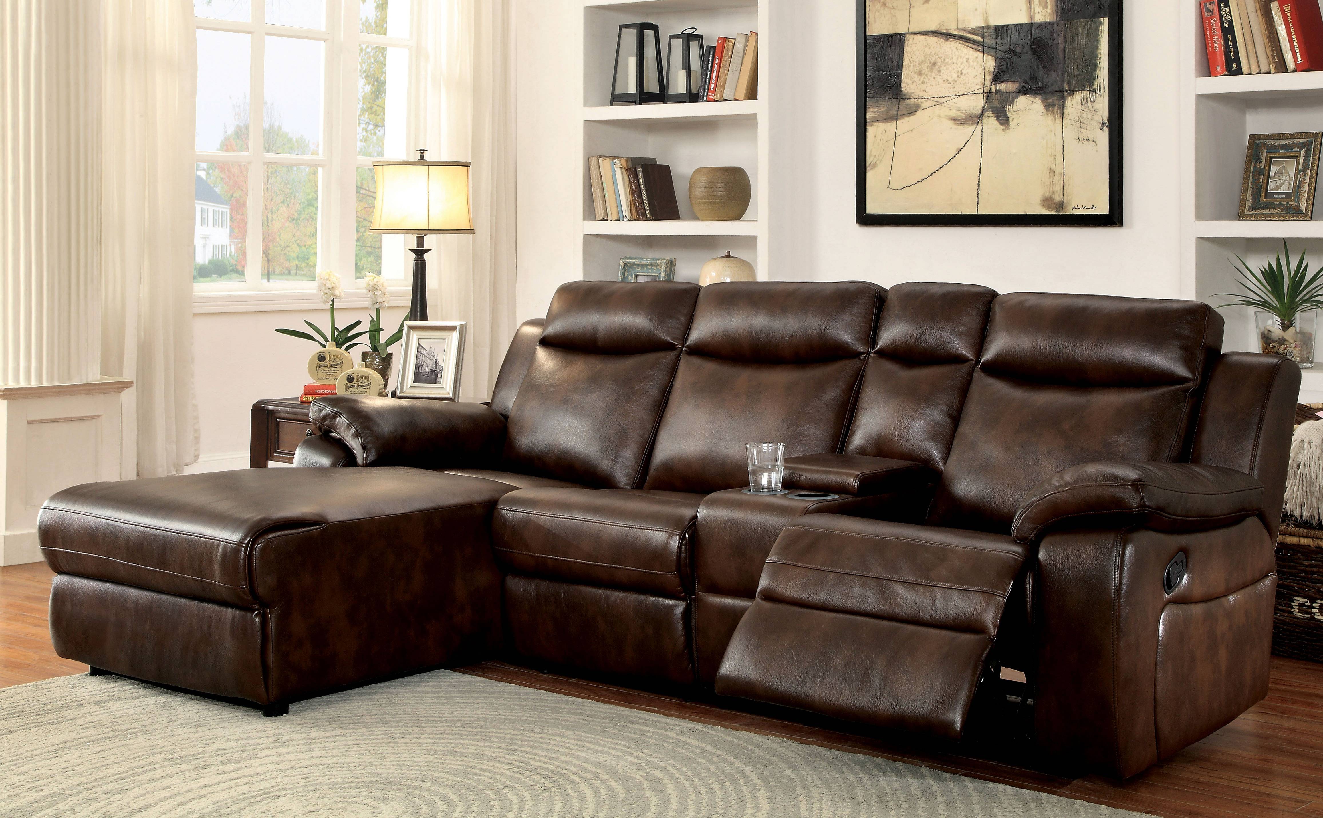 Becarra Transitional Faux Leather Reclining Sectional with Cup Holders in Brown