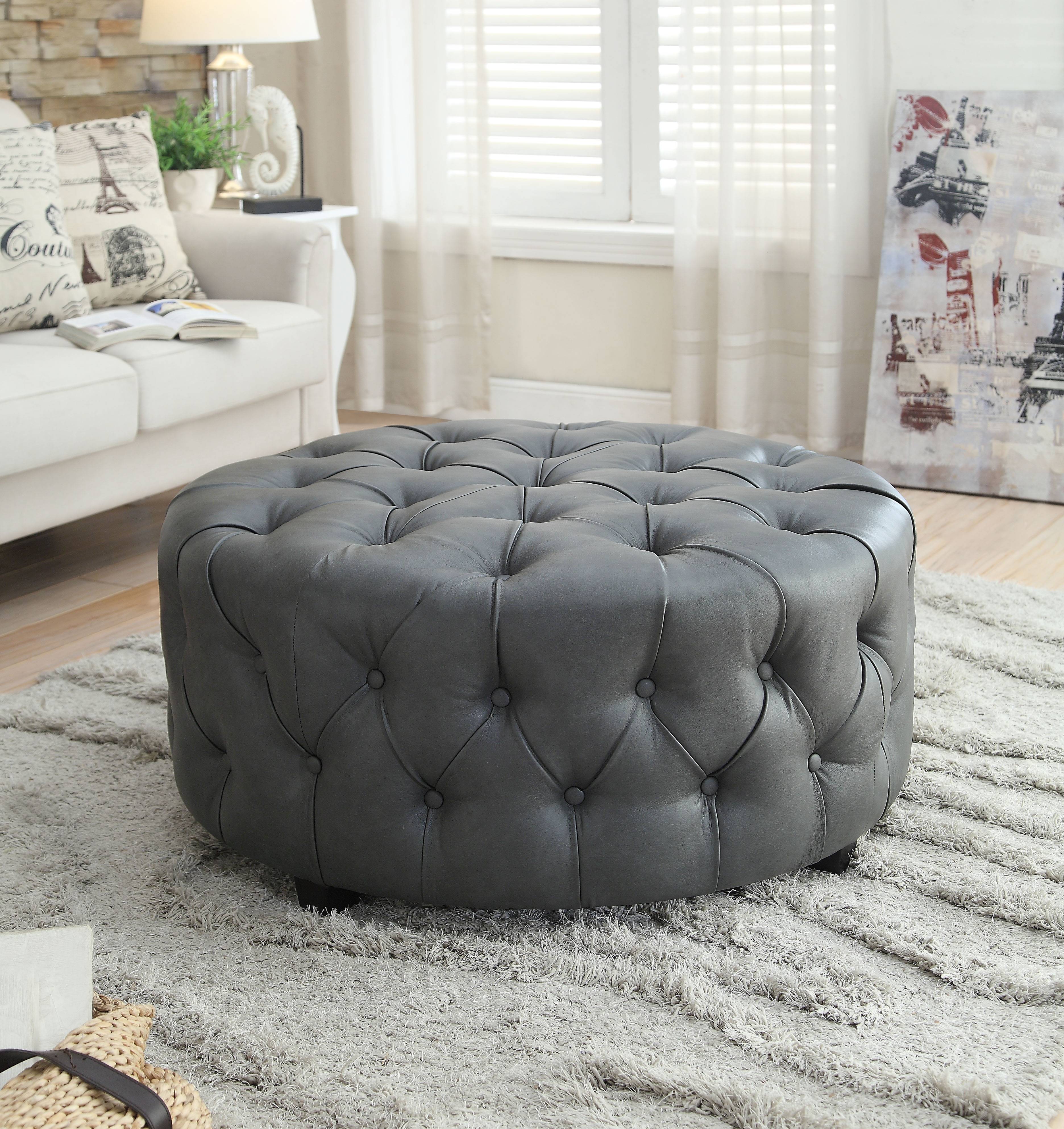 Sarafina Contemporary Faux Leather Tufted Ottoman in Gray