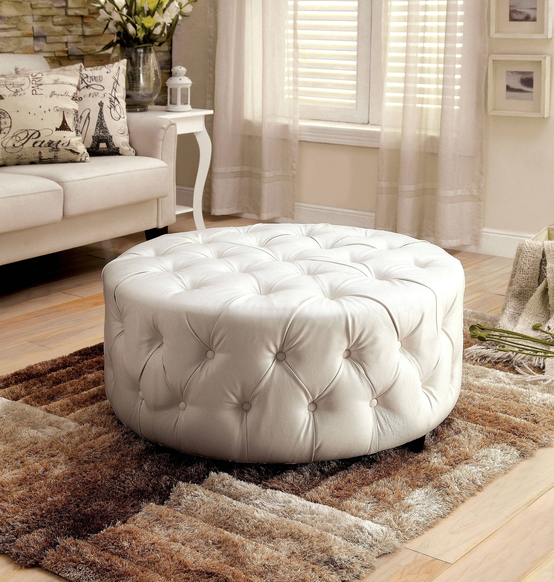 Sarafina Contemporary Faux Leather Tufted Ottoman in White