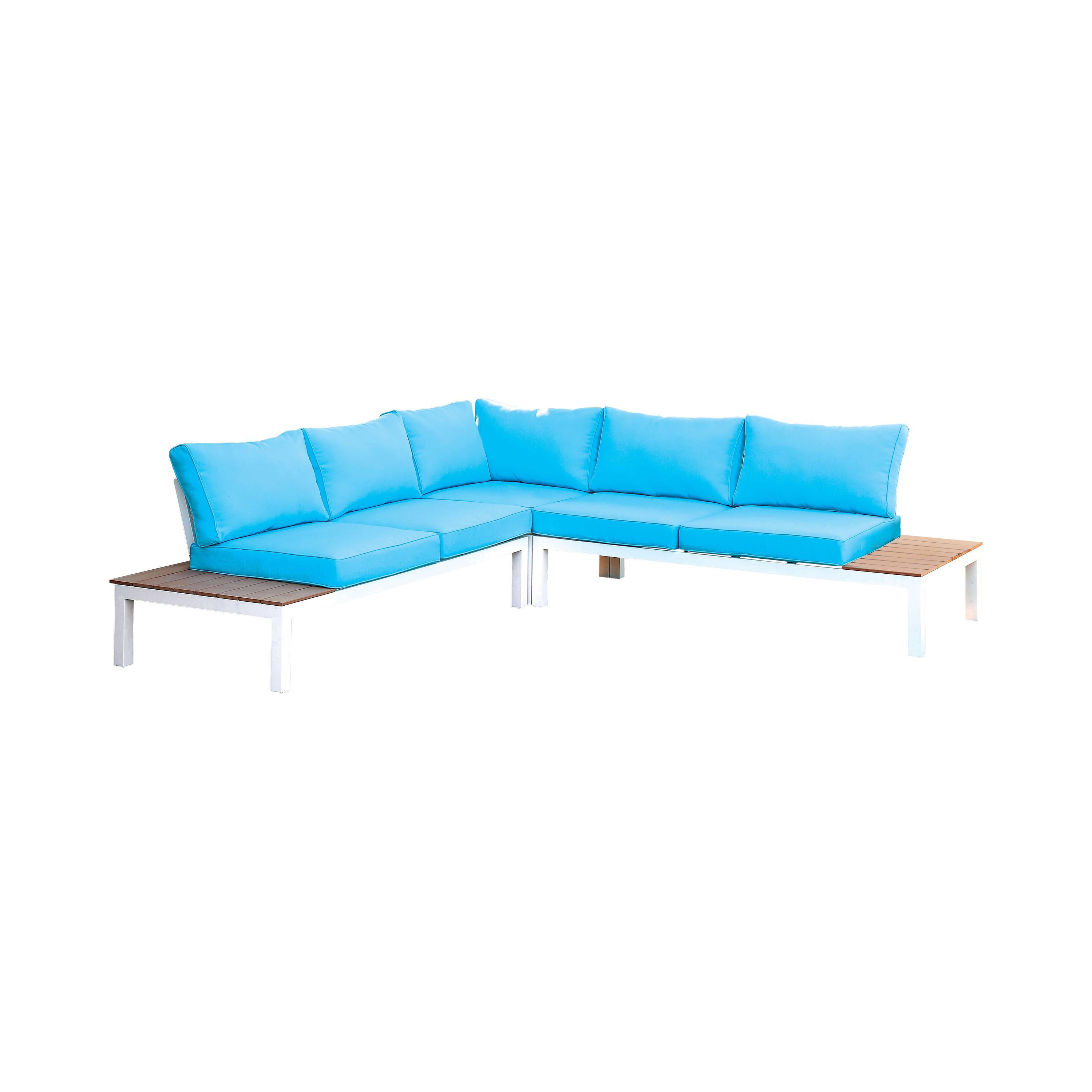 Felisa Contemporary Faux Rattan Patio Sectional with Table in White and Oak and Blue